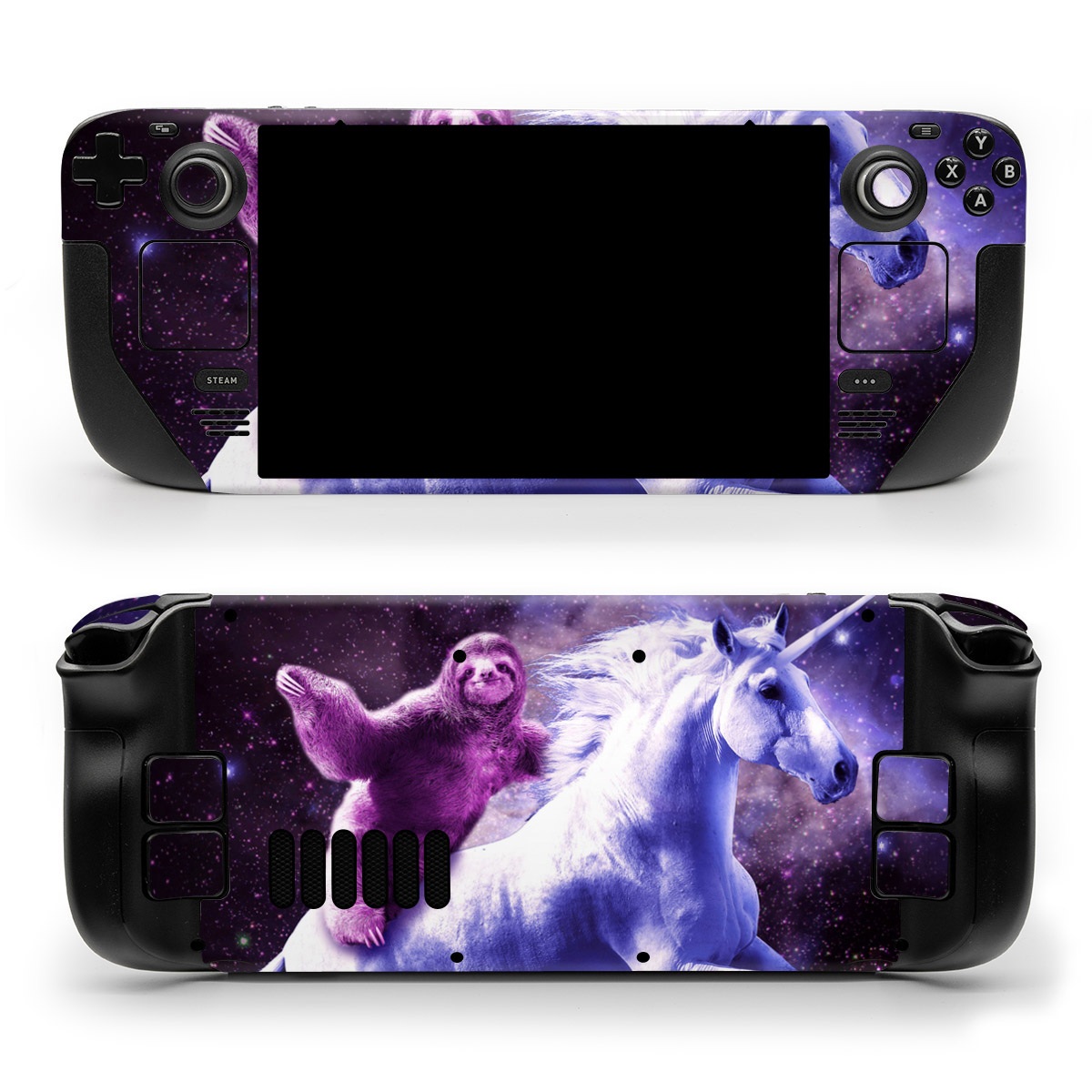 Valve Steam Deck Skin design of Purple, Unicorn, Fictional character, Violet, Mythical creature, Illustration, Sky, Graphic design, Space, Constellation, with black, white, blue, purple, gray, brown colors