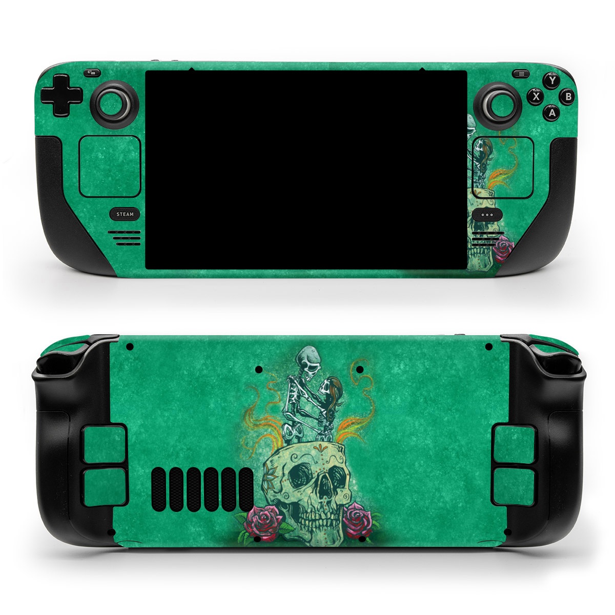 Valve Steam Deck Skin design of Bone, Skull, Aqua, Pattern, Electric blue, Fashion accessory, Font, Fictional character, Art, Grass, with green, pink, red, yellow, orange, white, gray colors