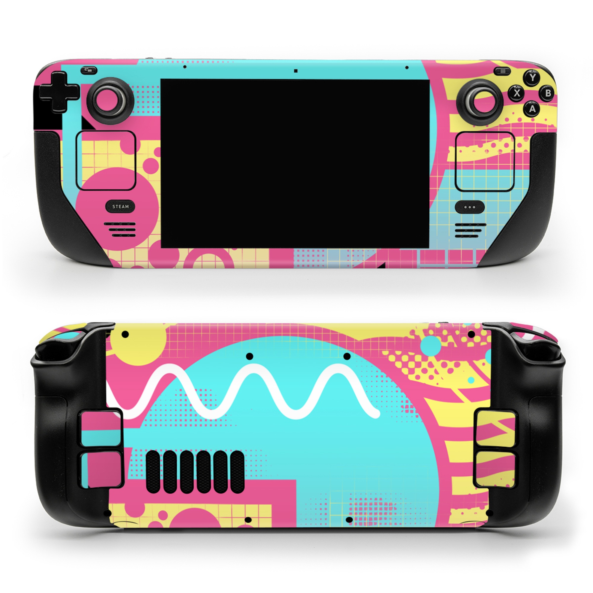 Valve Steam Deck Skin design of Textile, Organism, Font, Art, Pink, Rectangle, Line, Aqua, Magenta, Circle, with pink, yellow, blue, black, white colors