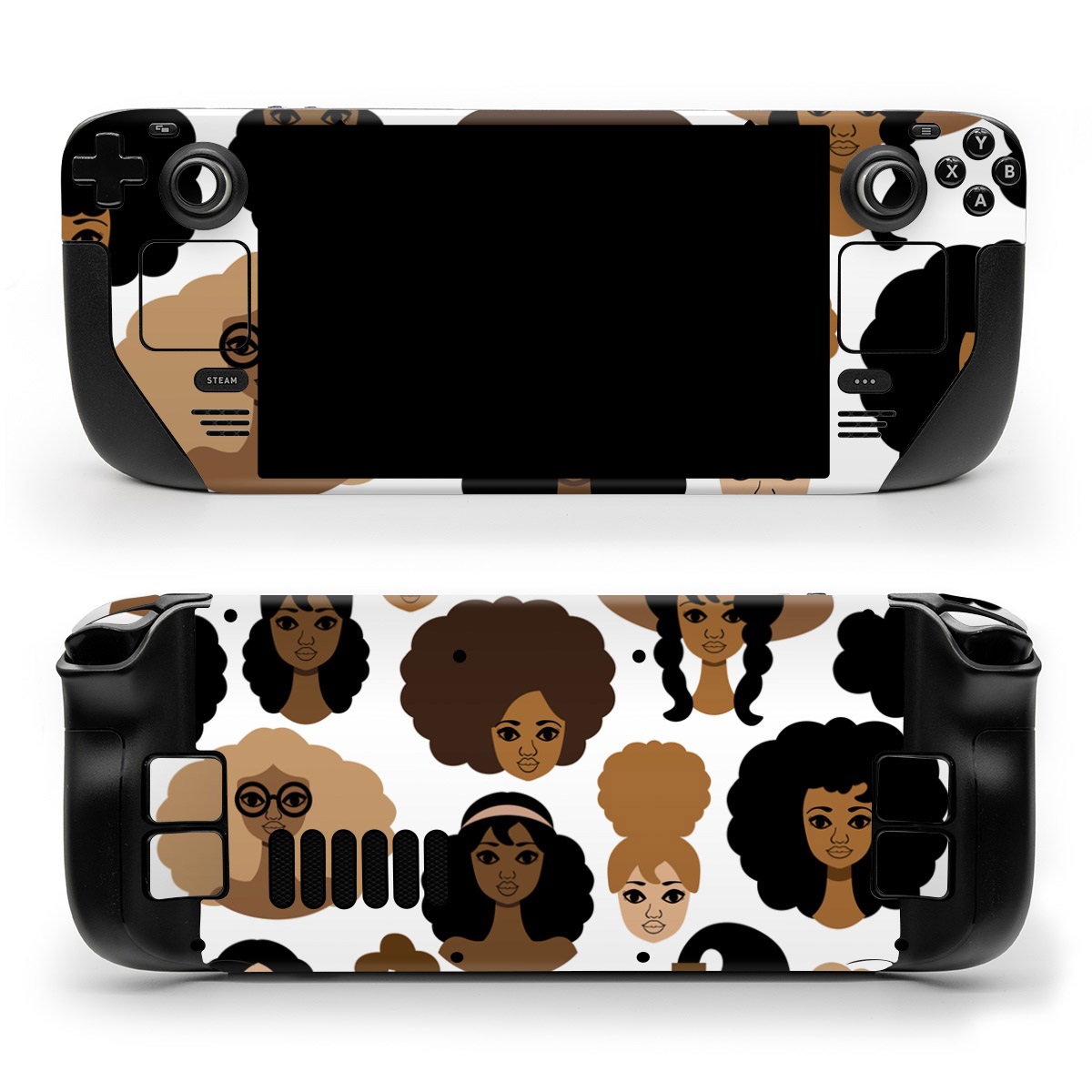 Valve Steam Deck Skin design of Hair, People, Facial expression, Hairstyle, Cartoon, Head, Afro, Clip art, Font, Black hair, with black, brown, white colors