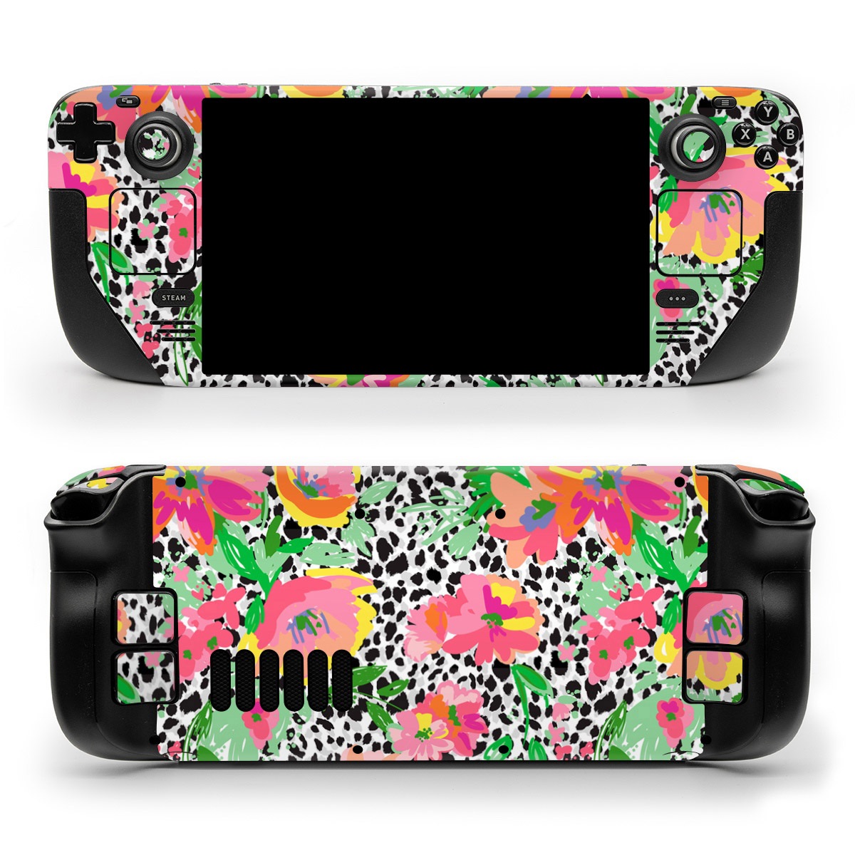 Valve Steam Deck Skin design of Flower, Petal, Textile, Pink, Creative arts, Art, Magenta, Pattern, Plant, Symmetry, with pink, orange, yellow, purple, green, black, white colors