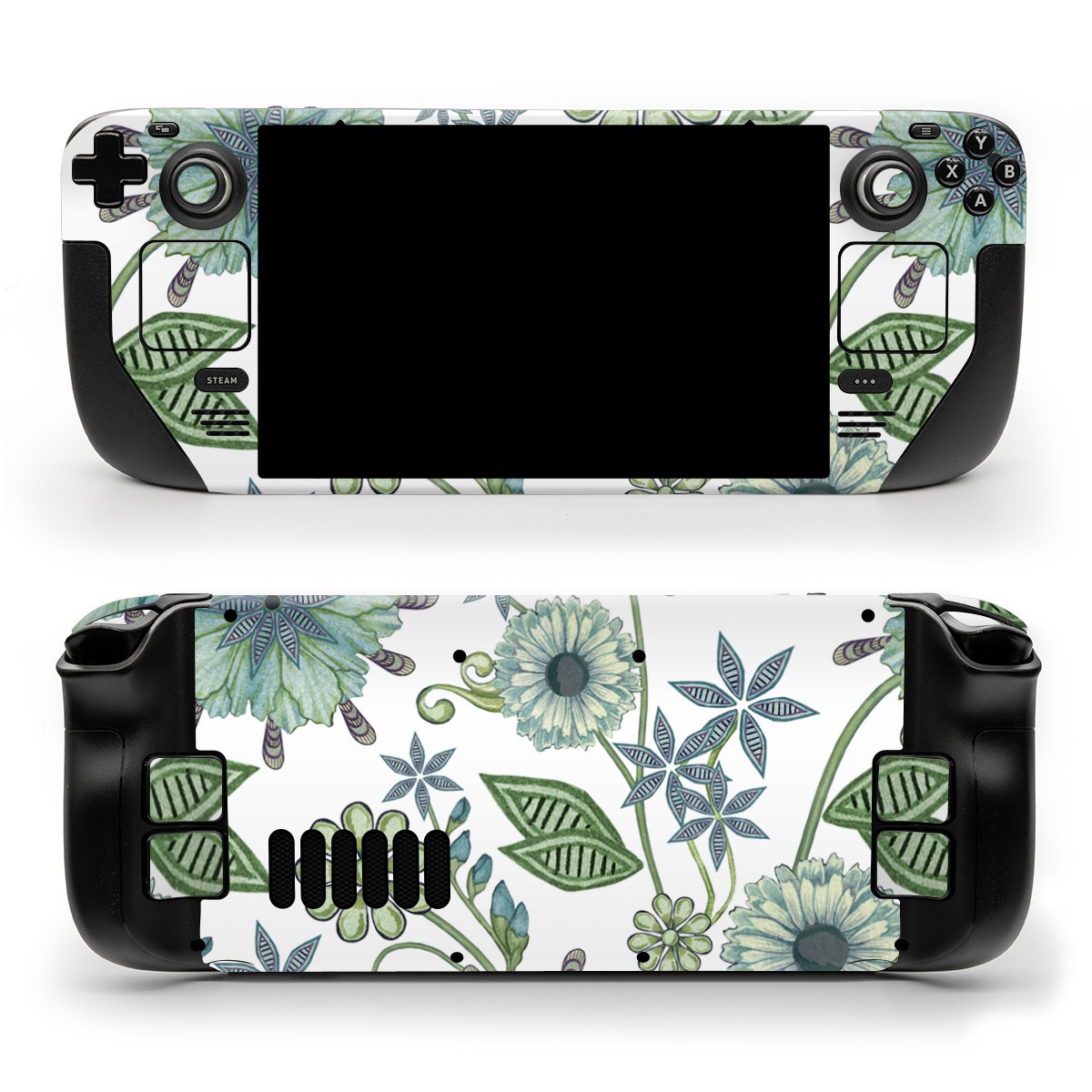 Valve Steam Deck Skin design of Green, Pattern, Flower, Botany, Plant, Leaf, Design, Wildflower, with white, green, blue colors