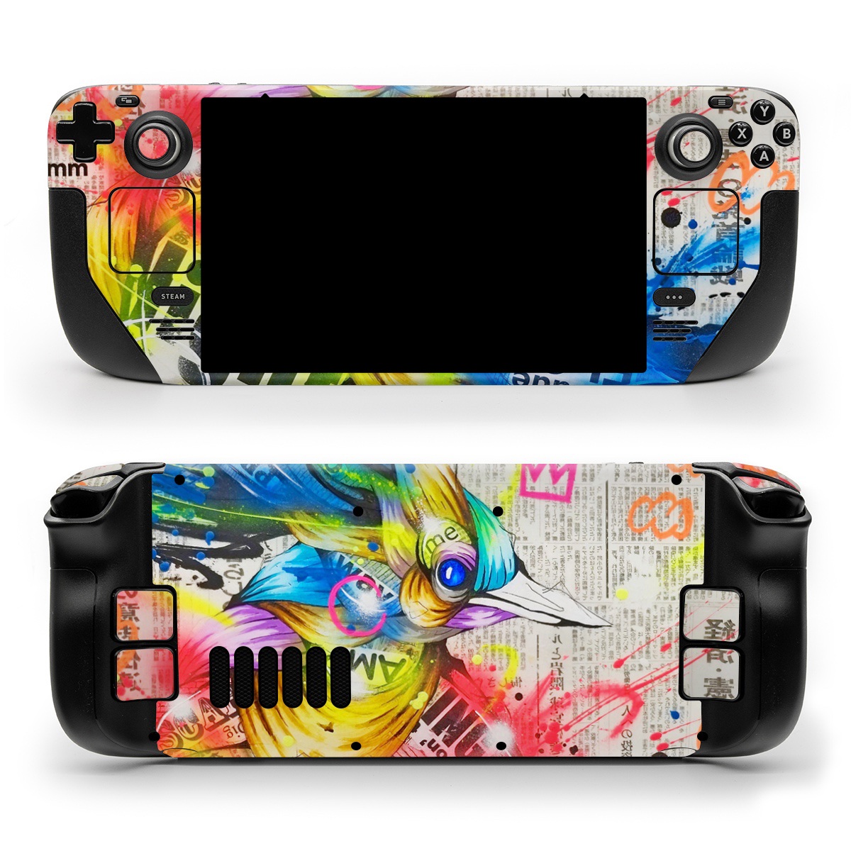 Valve Steam Deck Skin design of Graphic design, Font, Art, Graphics, Illustration, with blue, red, orange, pink, white, black, yellow, green colors