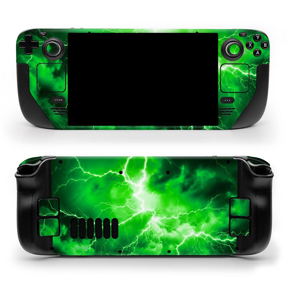 Valve Steam Deck Skin design of Water, Atmosphere, Thunder, Light, Green, Sky, Natural environment, Natural landscape, Electricity, Organism, with black, green colors