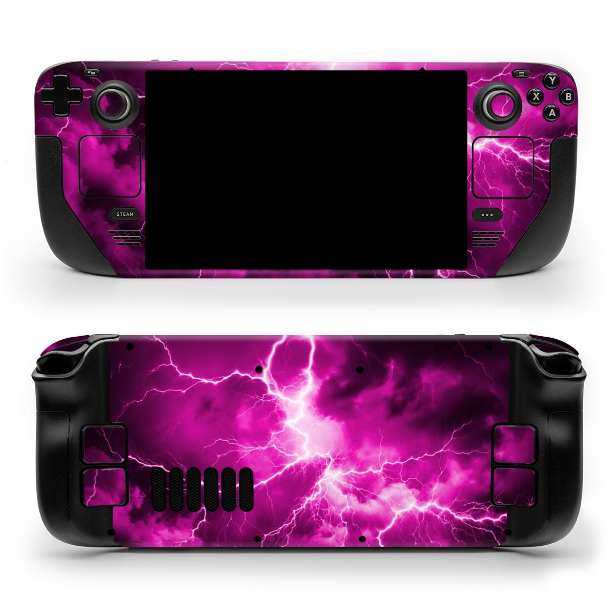 Valve Steam Deck Skin design of Sky, Thunder, Lightning, Thunderstorm, Atmosphere, White, Purple, Light, Nature, Water, with black, pink colors