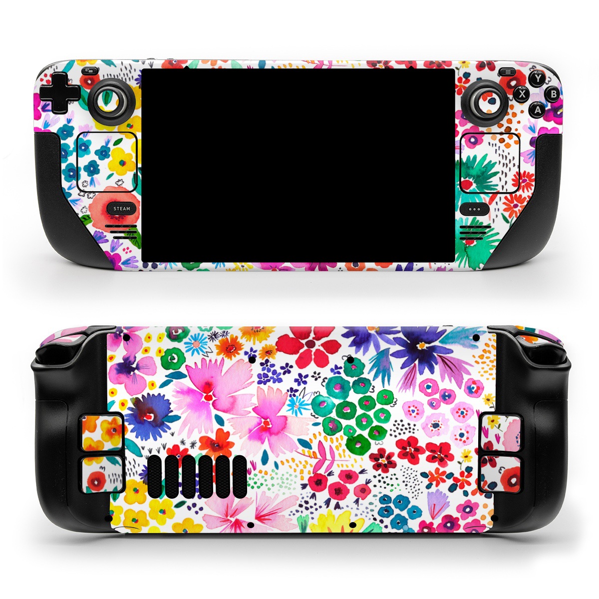 Valve Steam Deck Skin design of Colorfulness, Flower, Pink, Art, Magenta, Pattern, Creative arts, Petal, Symmetry, Electric blue, with white, pink, green, red, blue, purple, yellow, orange colors