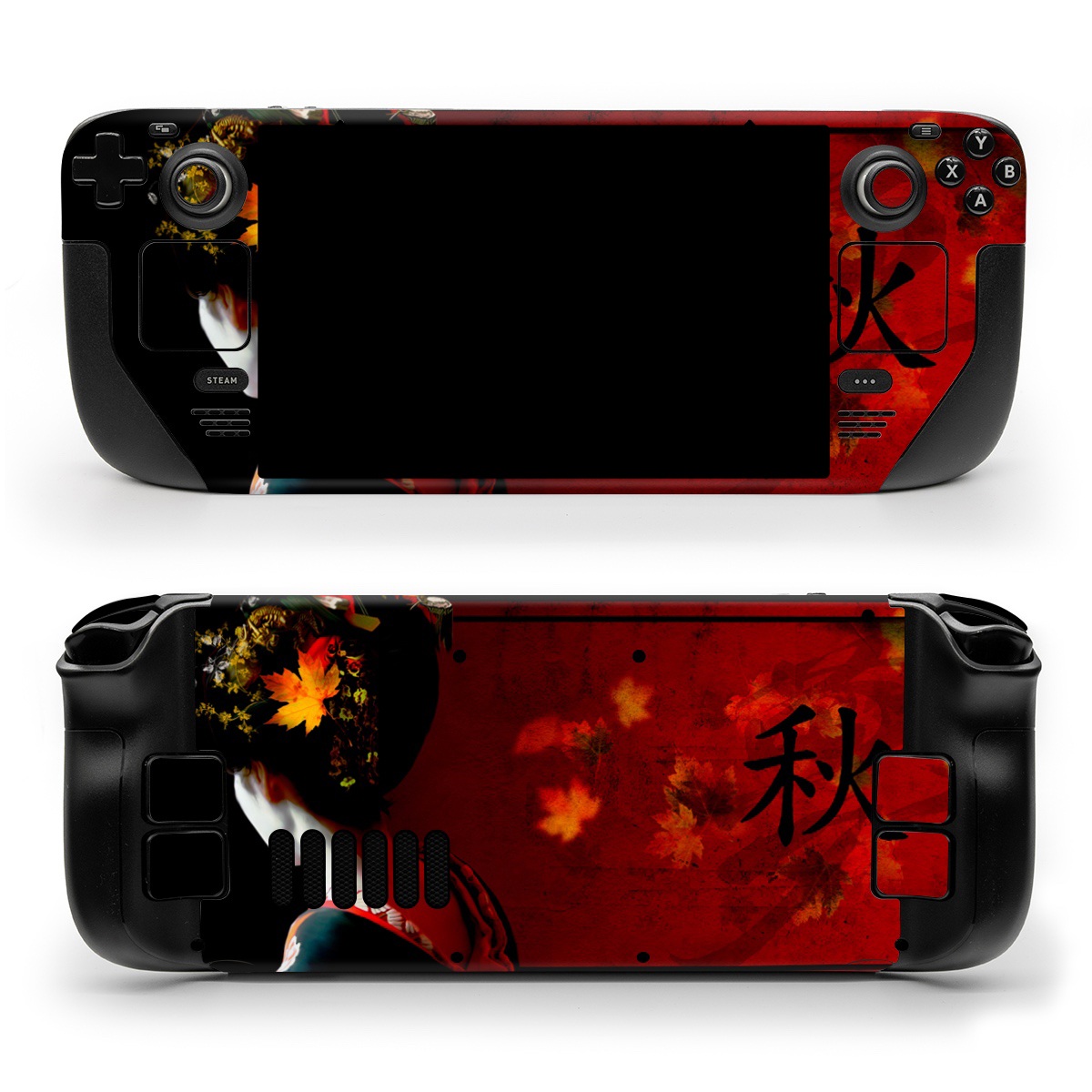 Valve Steam Deck Skin design of Geisha, Red, Flower, Plant, Headgear, Photography, Peking opera, Costume, Headpiece, Art, with black, red, orange, yellow, white colors