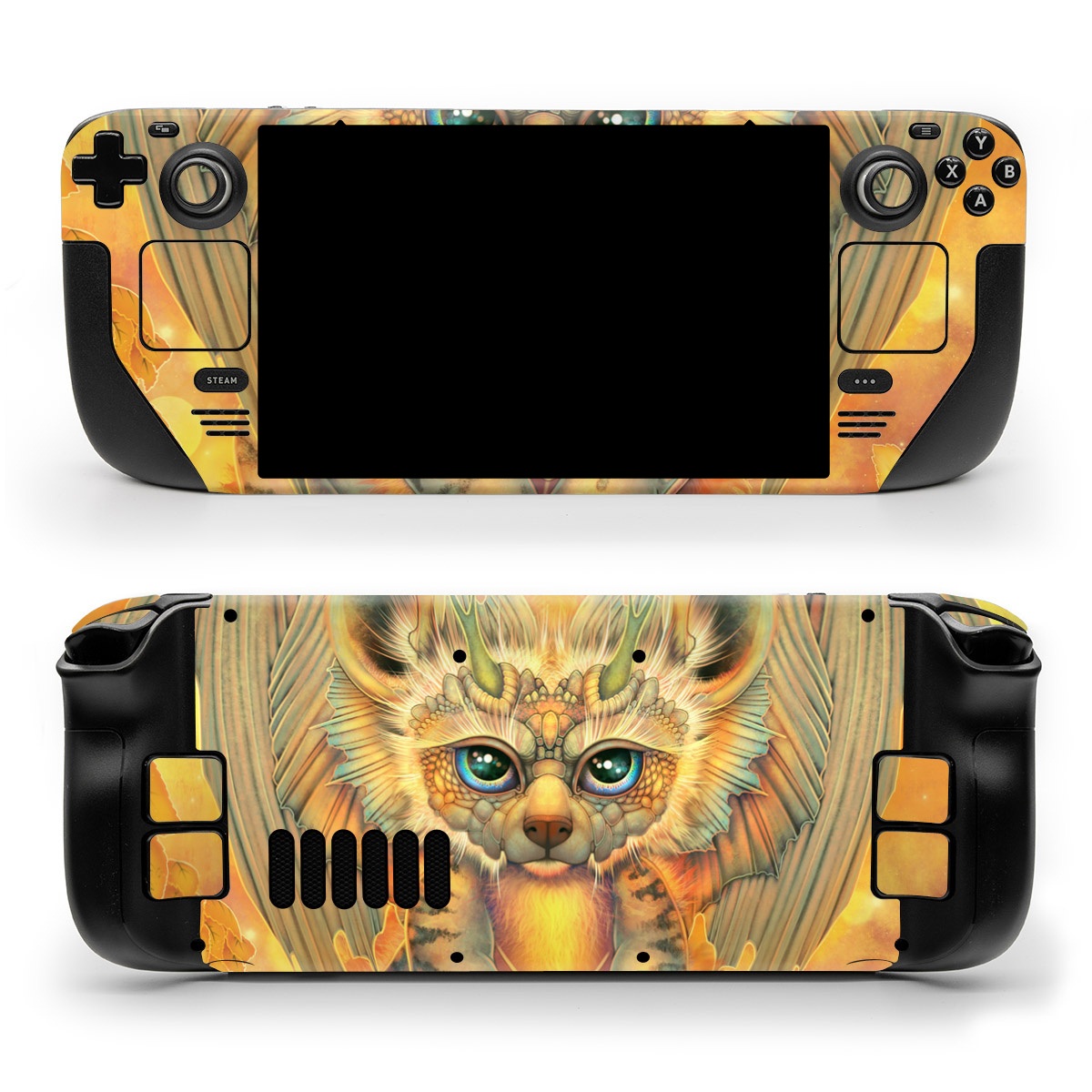 Valve Steam Deck Skin design of Nature, Mammal, Art, Fawn, Owl, Illustration, Tail, Fictional character, Visual arts, Terrestrial animal, with yellow, orange, green, white, black colors