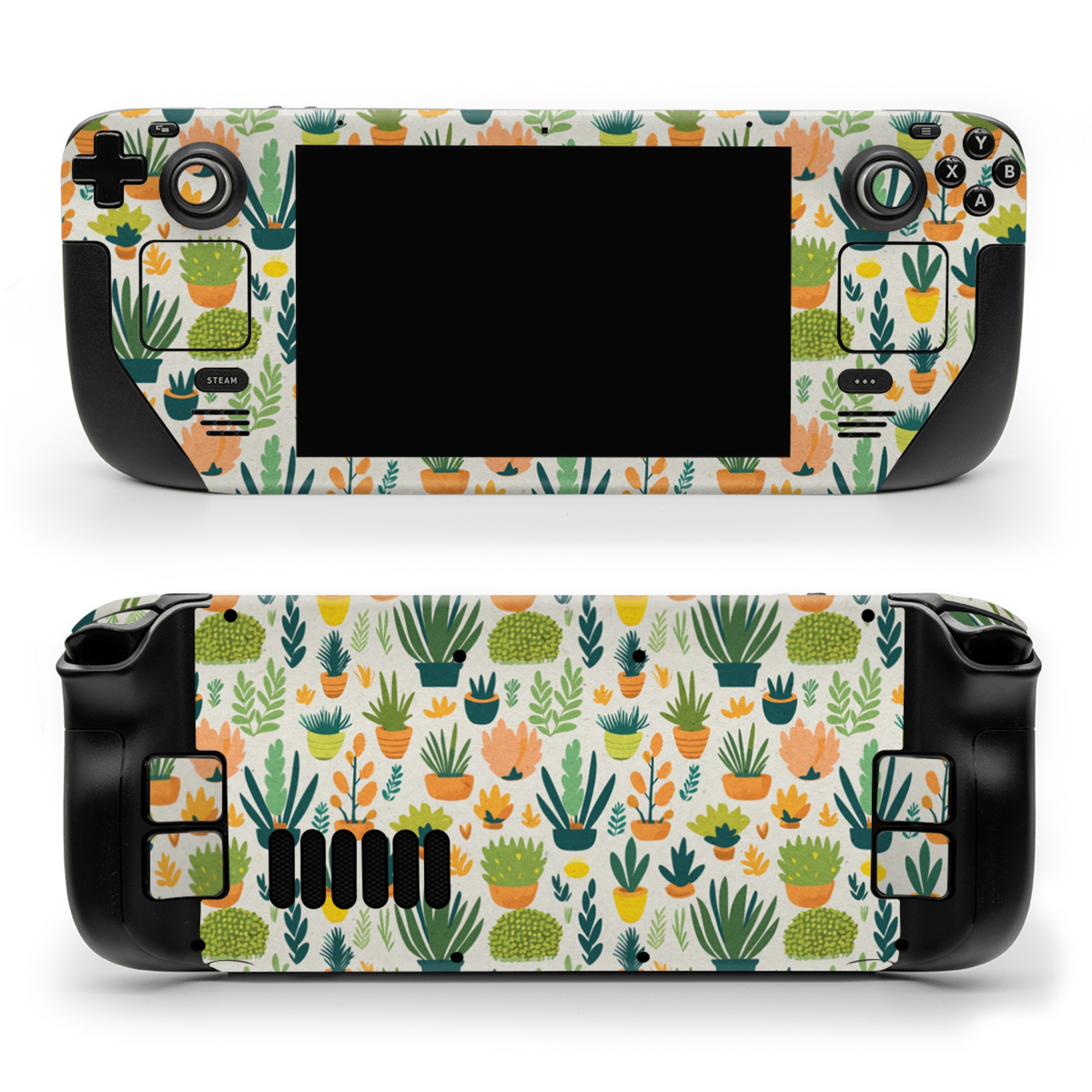 Valve Steam Deck Skin design of Flower, Plant, Petal, Textile, Botany, Art, Creative arts, Flowering plant, Porcelain, Groundcover, with white, green, brown, yellow, orange colors