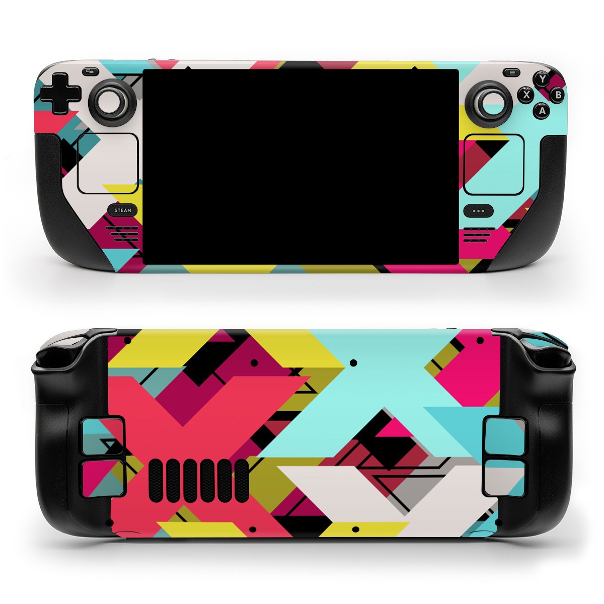 Valve Steam Deck Skin design of Pattern, Graphic design, Line, Design, Triangle, Font, Illustration, Magenta, Visual arts, with yellow, blue, white, black, red, pink colors