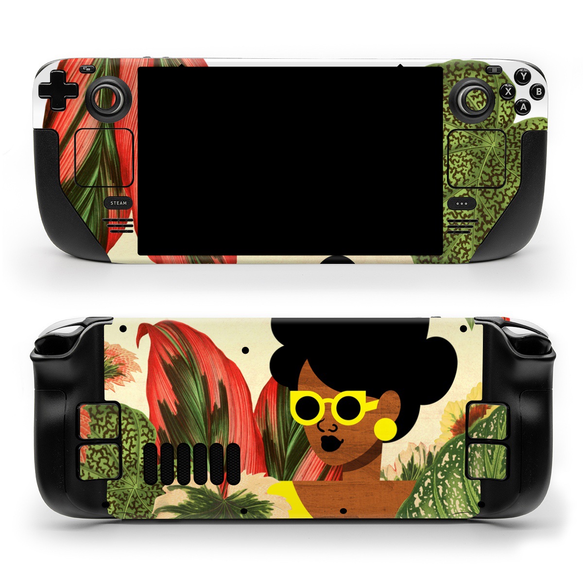 Valve Steam Deck Skin design of Illustration, Plant, Botany, Organism, Leaf, Art, Animation, Grass, Flower, Perennial plant, with green, black, brown, yellow, red colors