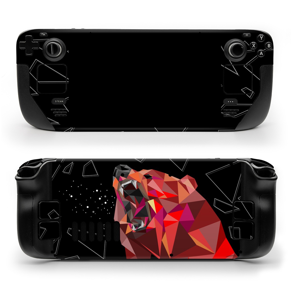 Valve Steam Deck Skin design of Graphic design, Triangle, Font, Illustration, Design, Art, Visual arts, Graphics, Pattern, Space, with black, red colors