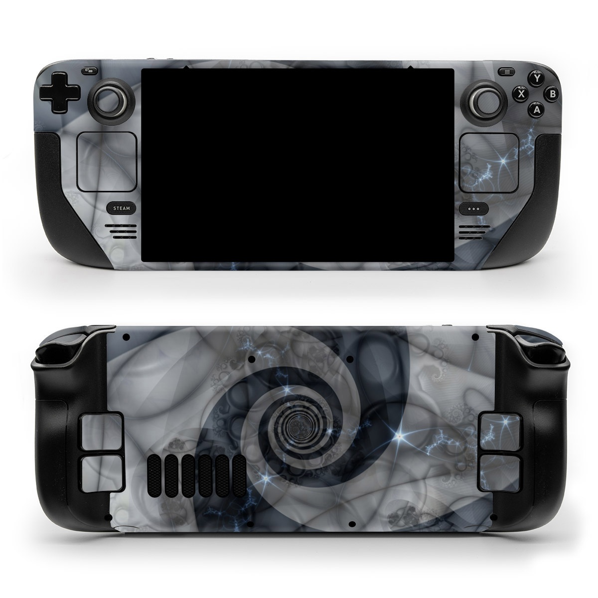 Valve Steam Deck Skin design of Eye, Drawing, Black-and-white, Design, Pattern, Art, Tattoo, Illustration, Fractal art, with black, gray colors