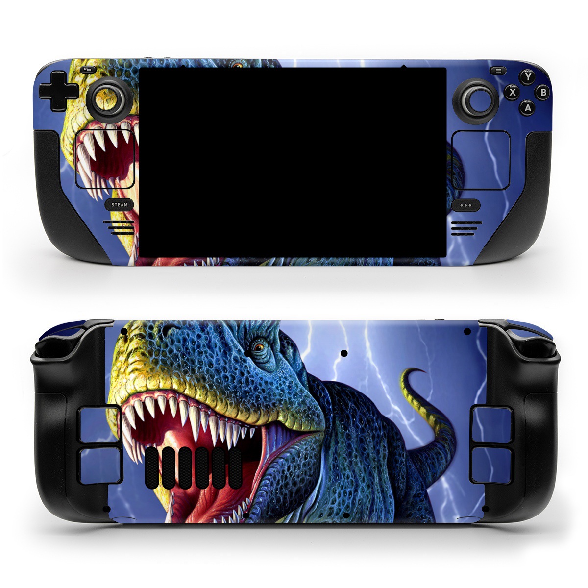 Valve Steam Deck Skin design of Dinosaur, Extinction, Tyrannosaurus, Velociraptor, Tooth, Jaw, Organism, Mouth, Fictional character, Art, with blue, green, yellow, orange, red colors