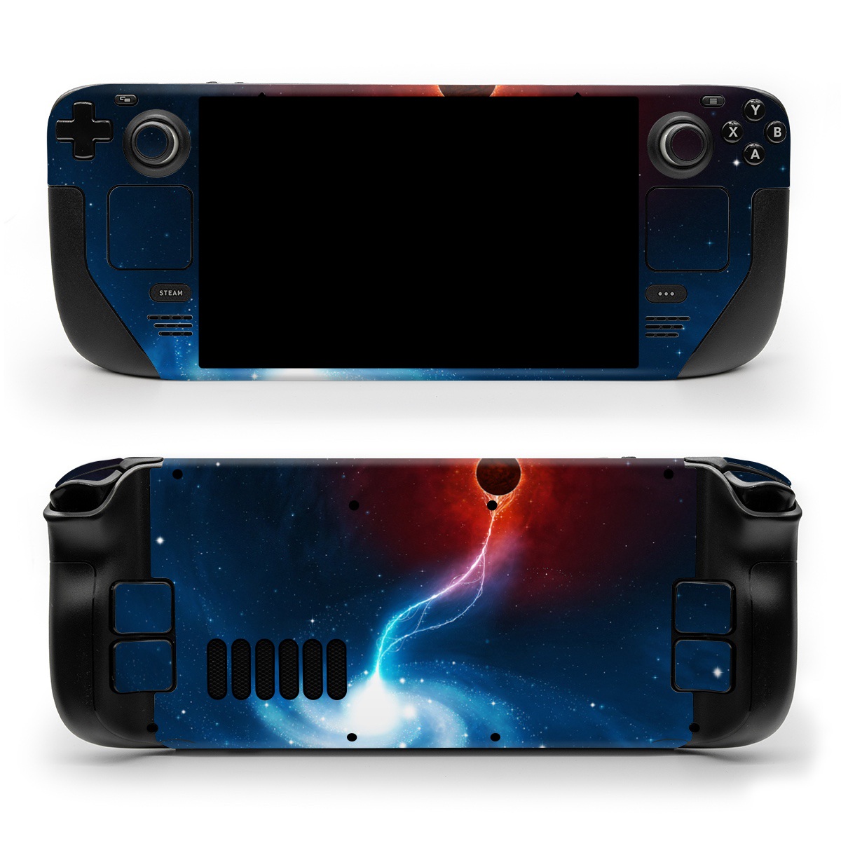 Valve Steam Deck Skin design of Outer space, Atmosphere, Astronomical object, Universe, Space, Sky, Planet, Astronomy, Celestial event, Galaxy, with blue, red, black colors