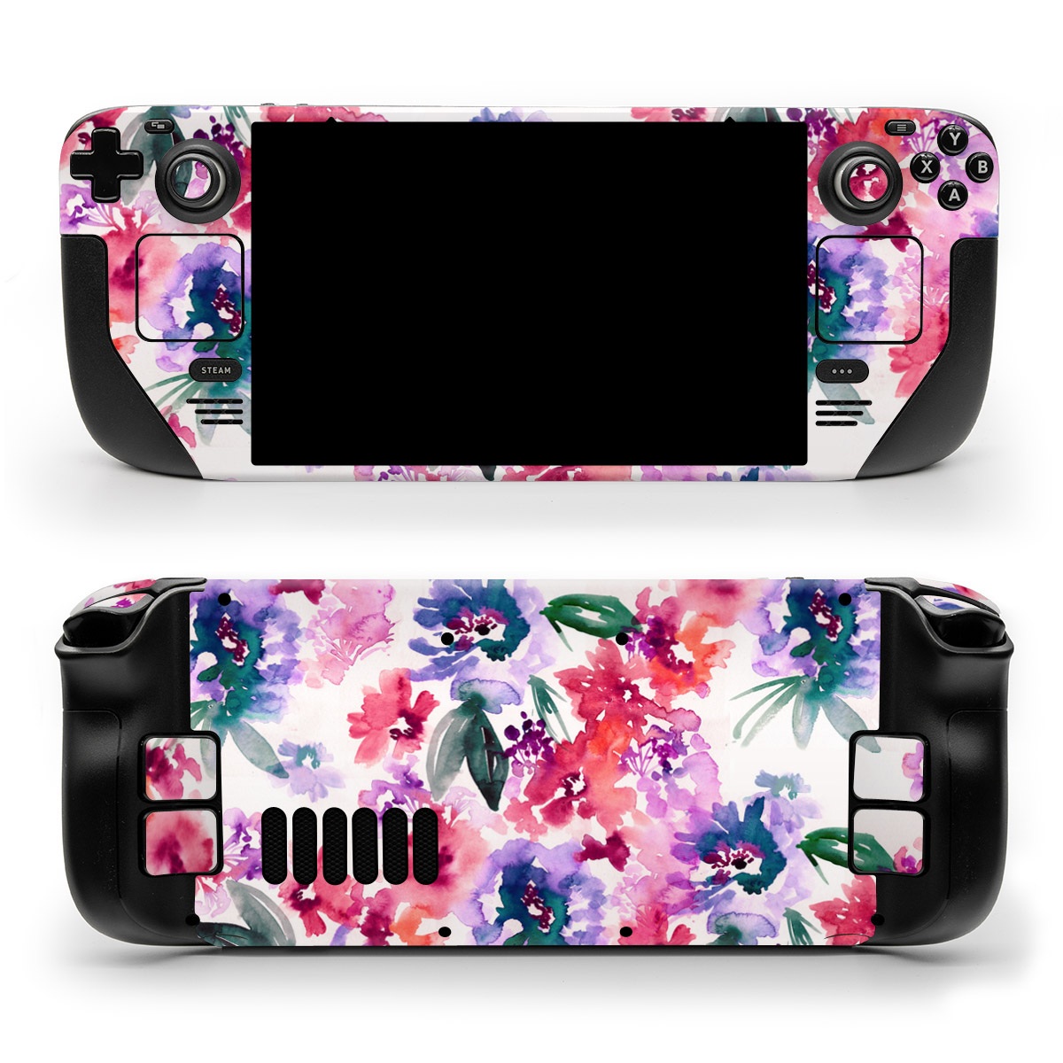 Valve Steam Deck Skin design of Purple, Pattern, Pink, Lilac, Violet, Flower, Watercolor paint, Floral design, Plant, Design, with green, pink, red, purple, white colors