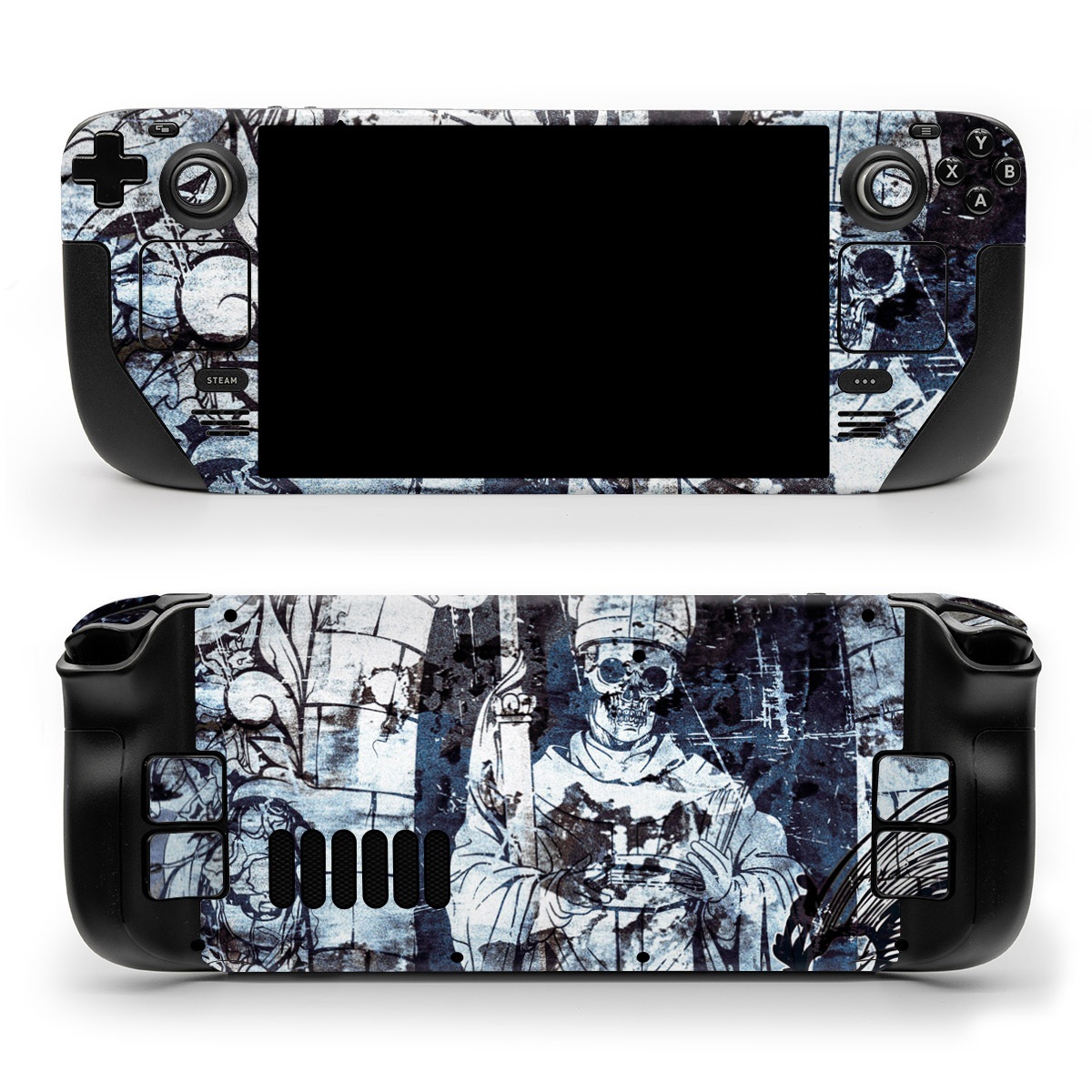 Valve Steam Deck Skin design of Illustration, Art, Monochrome, Visual arts, Drawing, Black-and-white, Graphic design, Fictional character, Fiction, Sketch, with white, black, blue, gray colors
