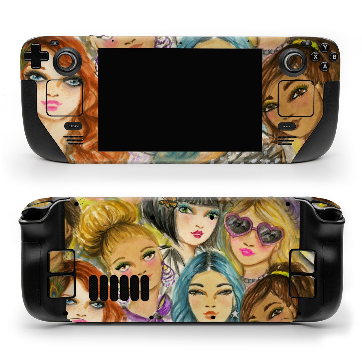 Valve Steam Deck Skin design of Face, Hair, Head, Art, Hair coloring, Cheek, Illustration, Human, Watercolor paint, Brown hair, with white, black, brown, yellow, purple, blue, pink colors