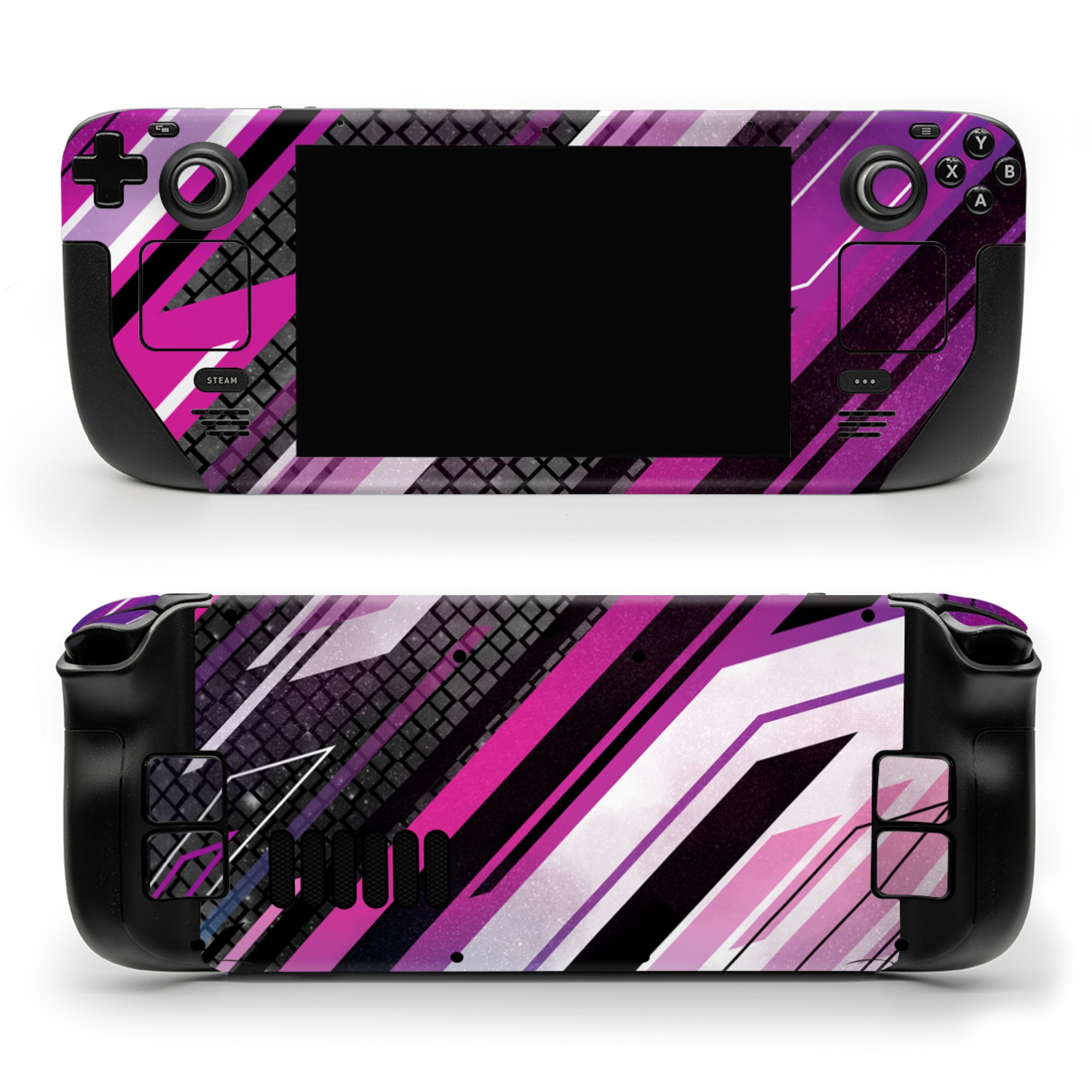 Valve Steam Deck Skin design of Automotive lighting, Hood, Grille, Purple, Automotive design, Automotive exterior, Violet, Motor vehicle, Pink, Line, with black, purple, white, gray, pink colors