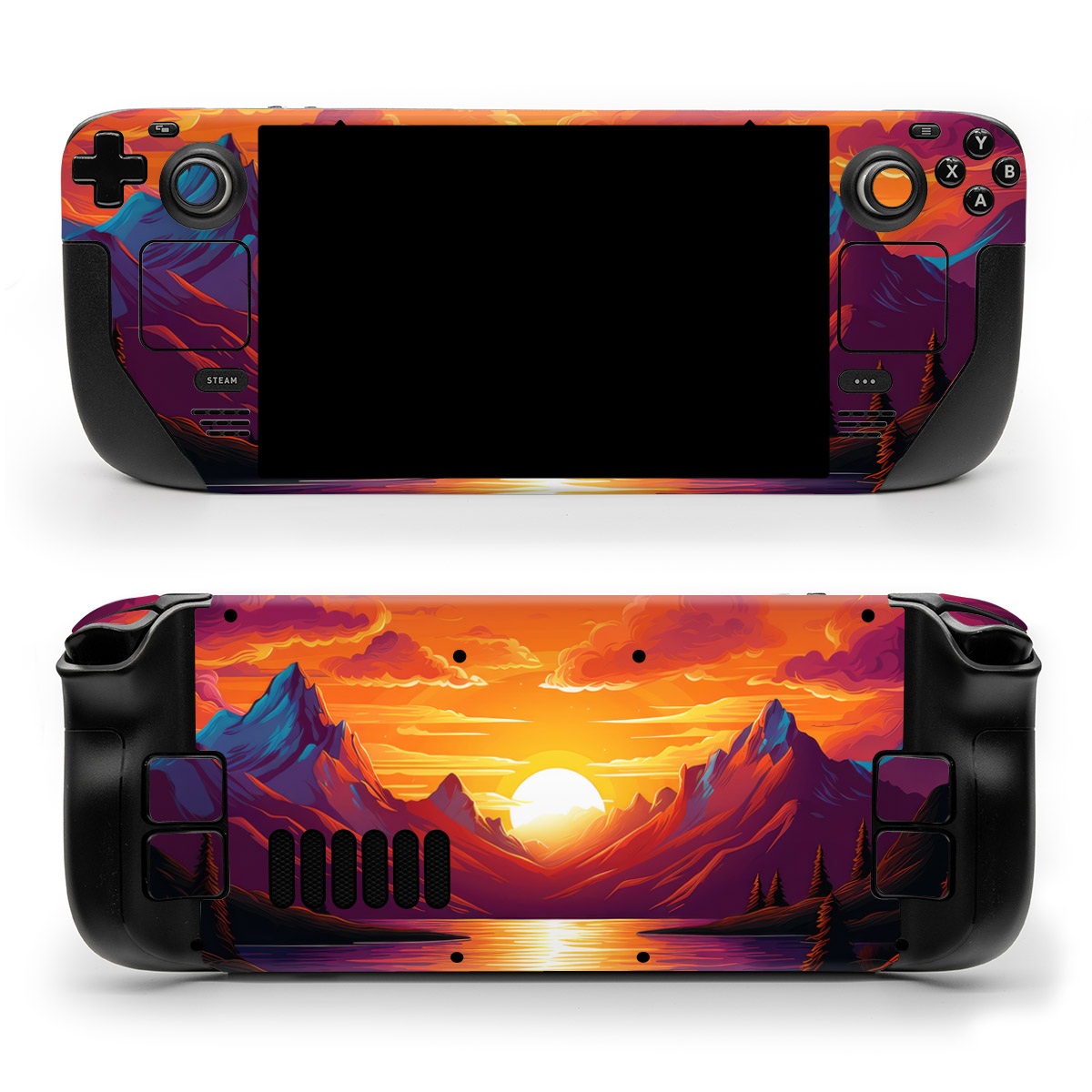 Valve Steam Deck Skin design of Water, Cloud, Sky, Ecoregion, Afterglow, Light, World, Nature, Natural landscape, Mountain, with red, orange, yellow, blue, purple colors