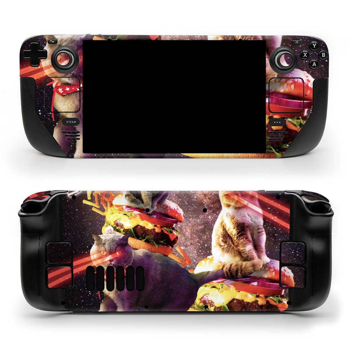 Valve Steam Deck Skin design of Circus, Performance, Event, Graphic design, Art, Illustration, Fictional character, with black, white, purple, brown, gray, yellow, green colors