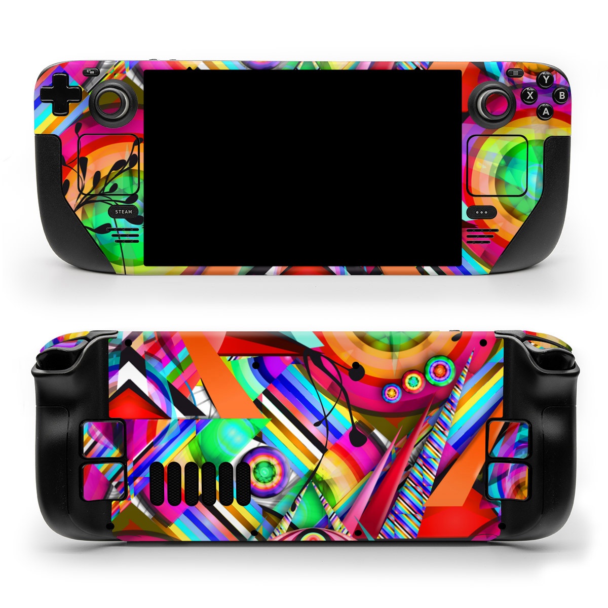 Valve Steam Deck Skin design of Psychedelic art, Pattern, Design, Graphic design, Colorfulness, Visual arts, Circle, Art, with red, pink, green, yellow, orange colors