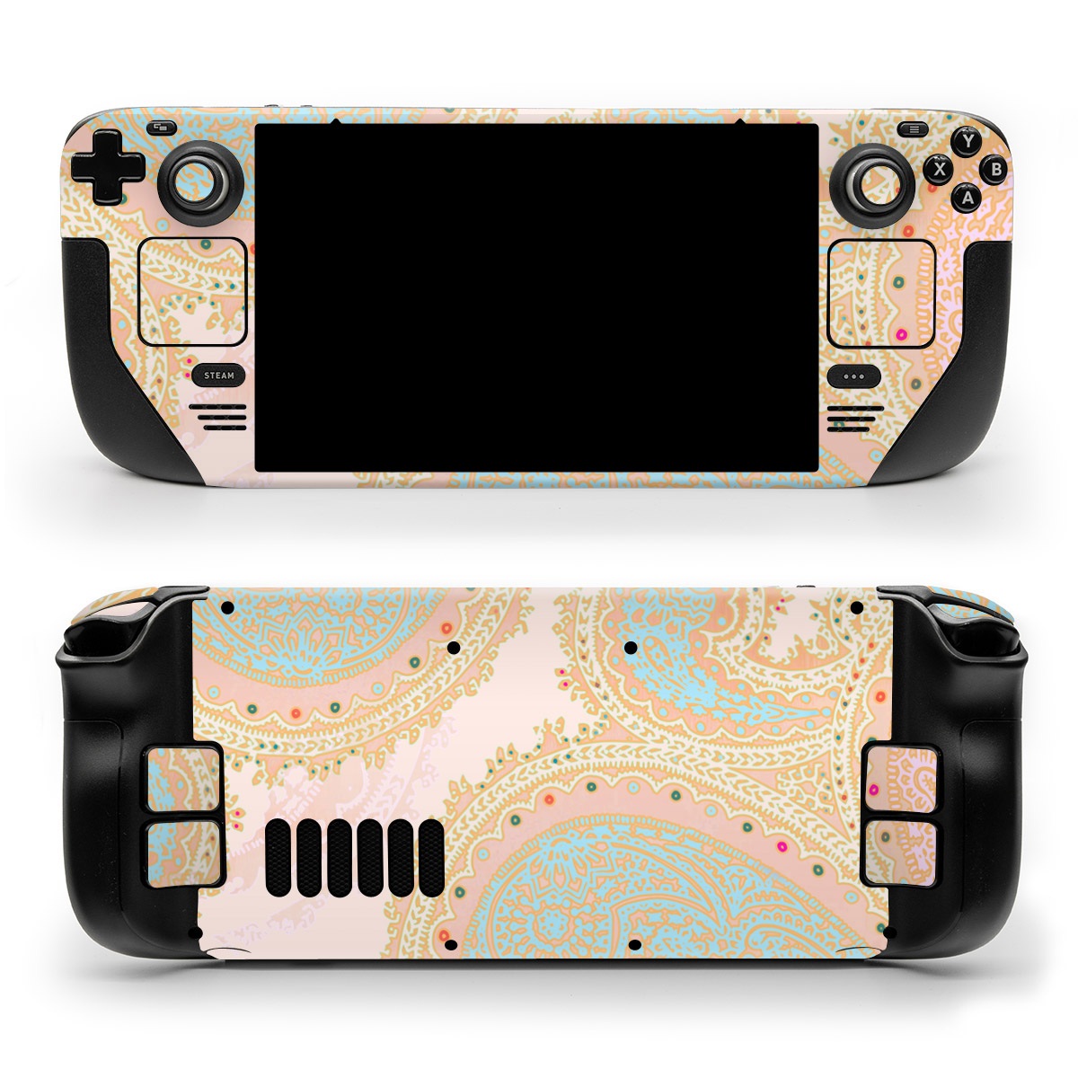 Valve Steam Deck Skin design of Pattern, Visual arts, Paisley, Pink, Design, Motif, Line, Wallpaper, Peach, with pink, blue, red colors