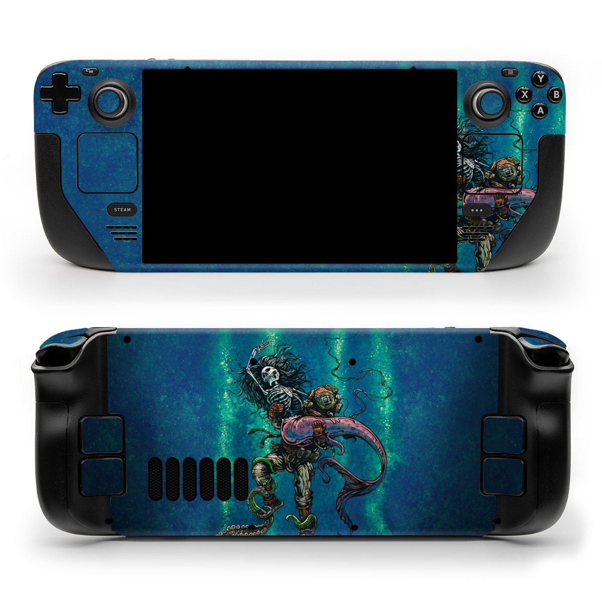 Valve Steam Deck Skin design of Water, Fluid, Underwater, Marine invertebrates, Marine biology, Electric blue, Liquid, Recreation, Underwater diving, Art, with blue, green, orange, purple, pink, black, white, gray colors