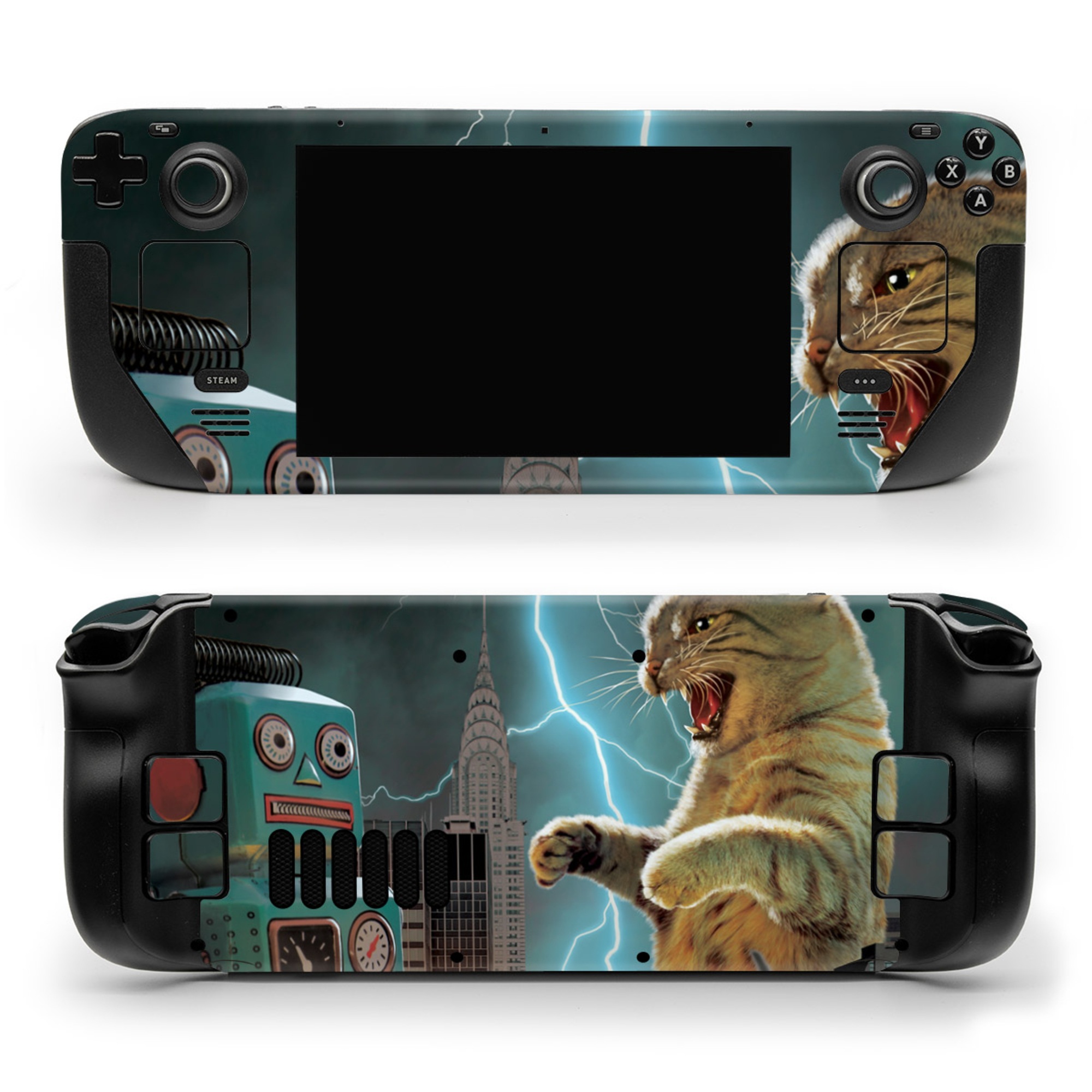 Valve Steam Deck Skin design of Lightning, Felidae, Carnivore, Art, Whiskers, Big cats, Cg artwork, Terrestrial animal, Small to medium-sized cats, Thunder, with black, blue, red, yellow, white, brown, gray, orange colors