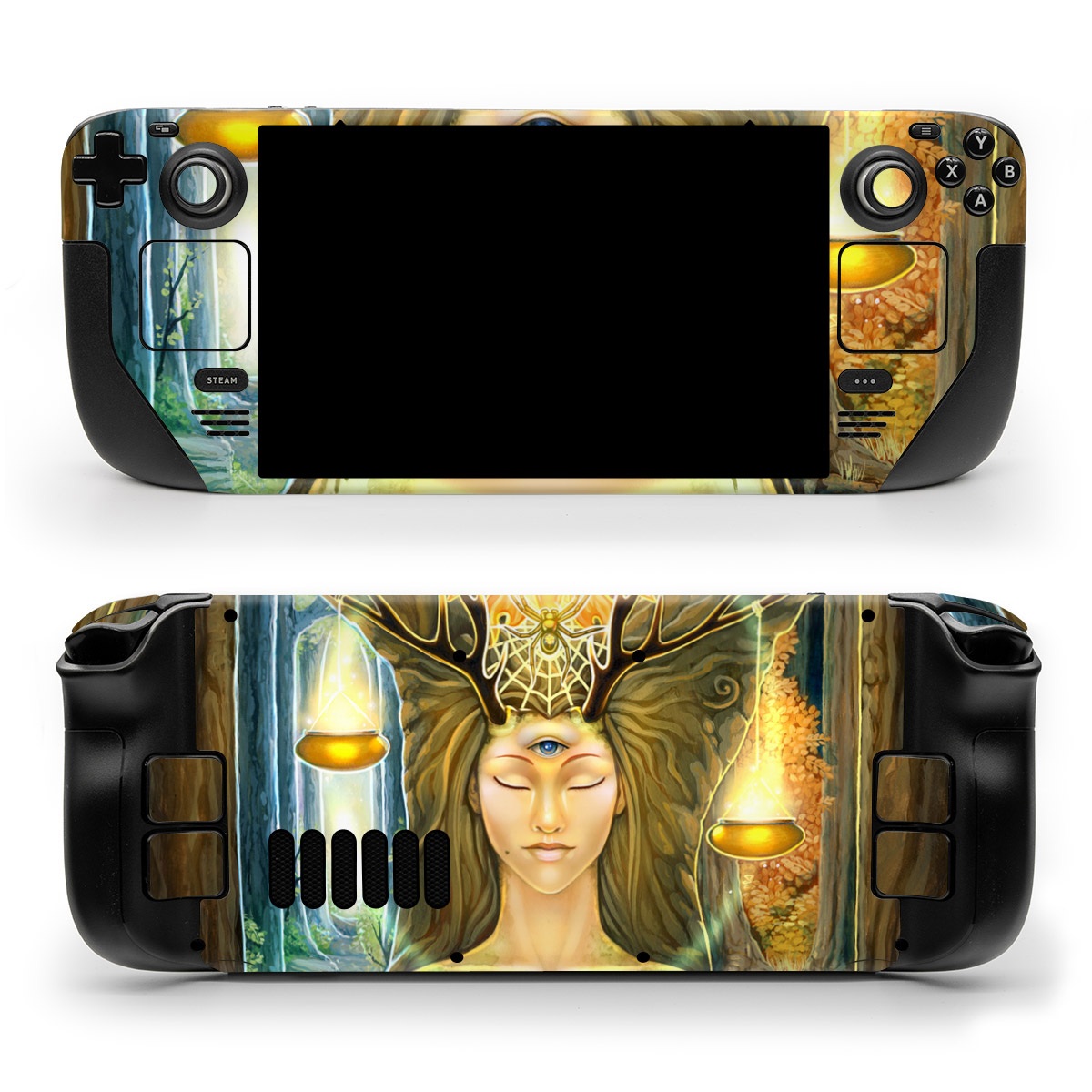 Valve Steam Deck Skin design of Painting, Art, Illustration, Plant, Fictional character, Mythology, Cg artwork, Visual arts, Glass, Drawing, with yellow, green, brown, pink, orange, black colors