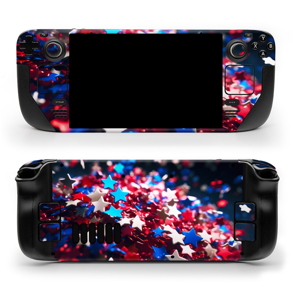 Valve Steam Deck Skin design of Colorfulness, Petal, Plant, Magenta, Font, Electric blue, Event, Close-up, Macro photography, Flowering plant, with red, blue, white, black colors