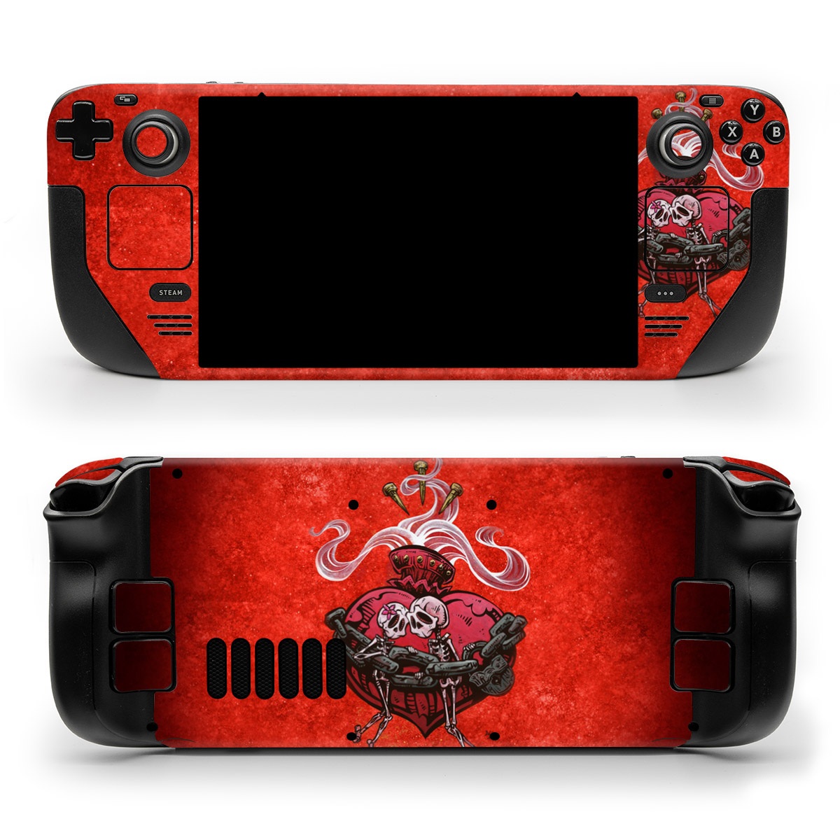 Valve Steam Deck Skin design of Orange, Art, Font, Sleeve, Tints and shades, Symbol, Pattern, Logo, Magenta, Graphics, with black, red, white, gray colors