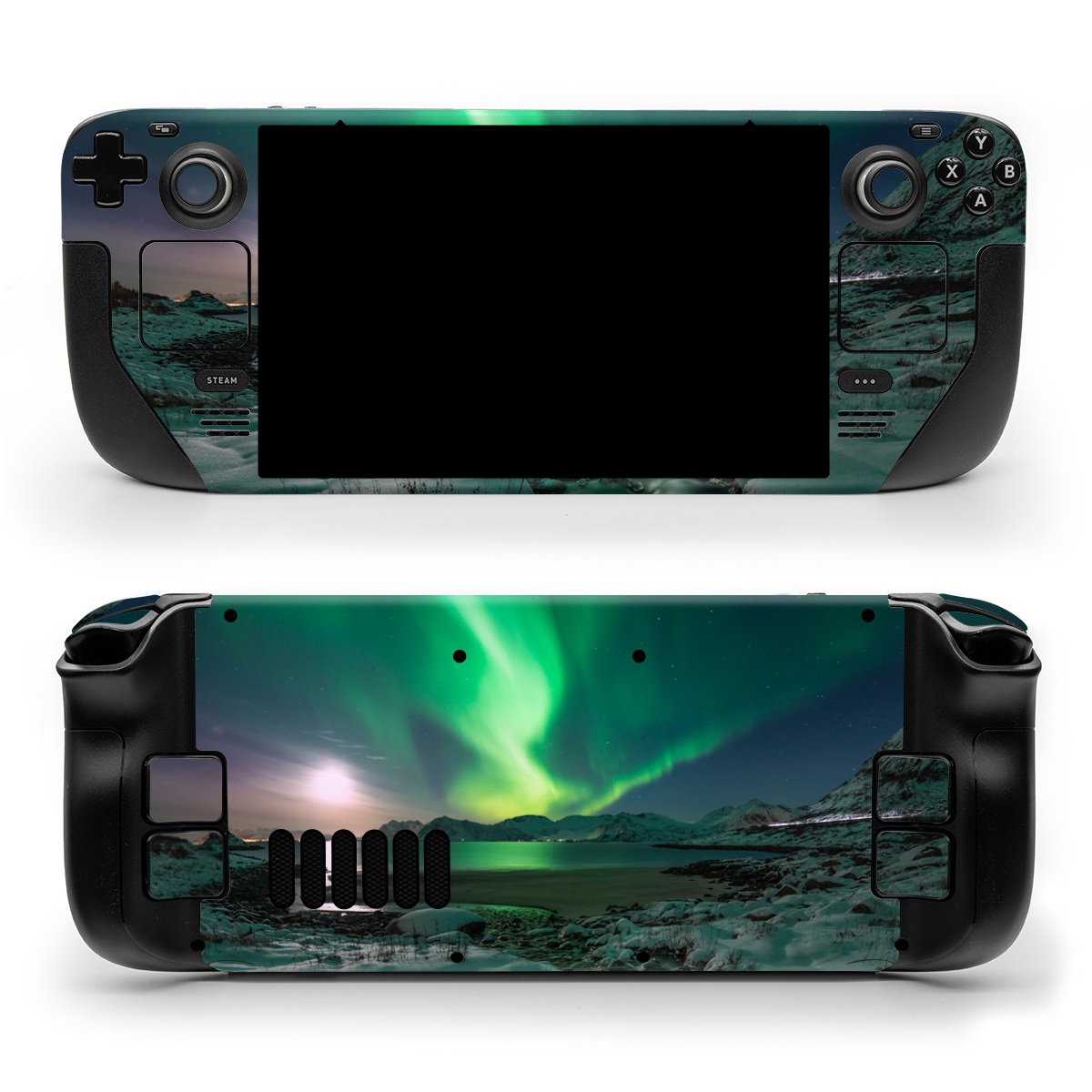Valve Steam Deck Skin design of Nature, Aurora, Sky, Geological phenomenon, Water, Atmosphere, Space, Landscape, World, Glacier, with white, green, blue, black, gray colors