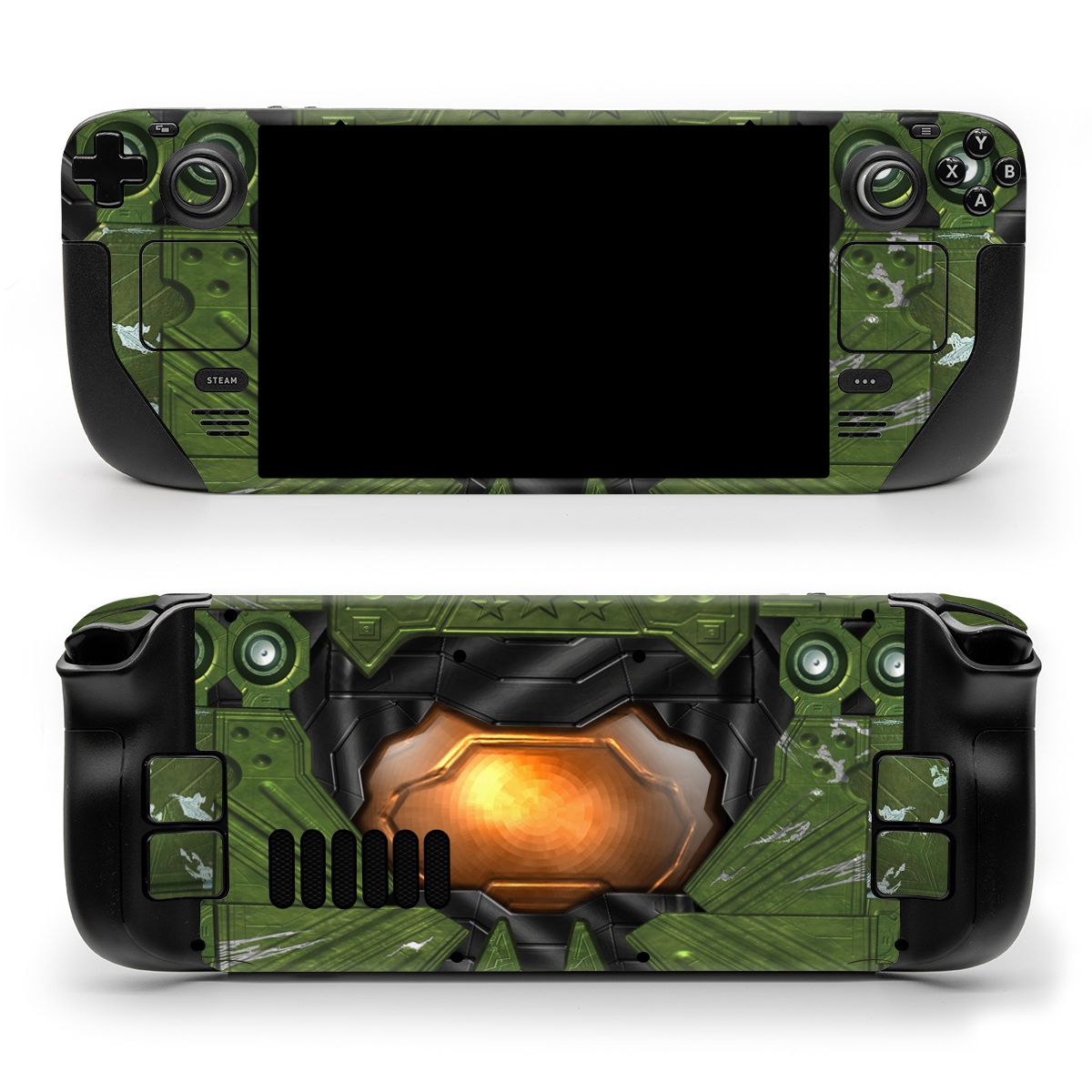 Valve Steam Deck Skin design of Green, Fictional character, Games, Fiction, Pc game, Illustration, Strategy video game, Digital compositing, Art, Screenshot, with green, yellow, orange, black colors