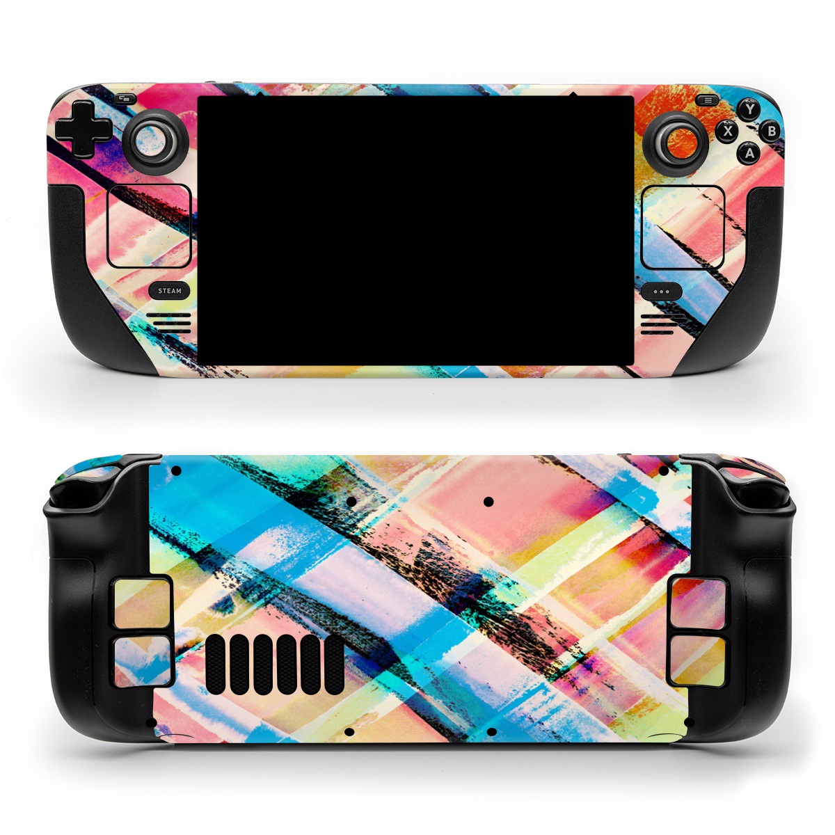 Valve Steam Deck Skin design of Line, Pattern, Turquoise, Plaid, Orange, Colorfulness, Design, Textile, Tints and shades, with blue, pink, red, purple, yellow, orange colors