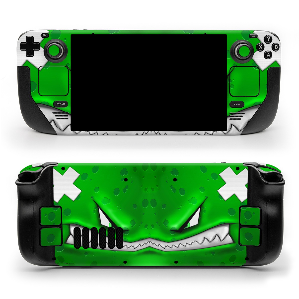 Valve Steam Deck Skin design of Green, Font, Animation, Logo, Graphics, Games, with green, white colors