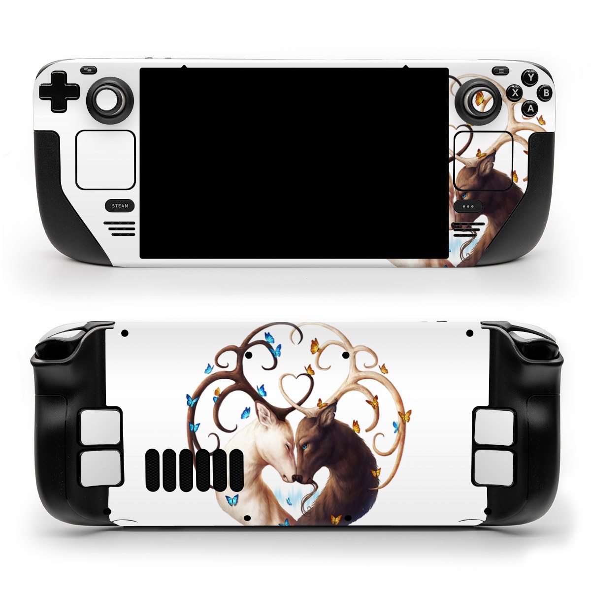 Valve Steam Deck Skin design of Gesture, Fawn, Serveware, Horn, Font, Art, Mythical creature, Dishware, Tail, Drinkware, with white, brown, blue, yellow, orange colors