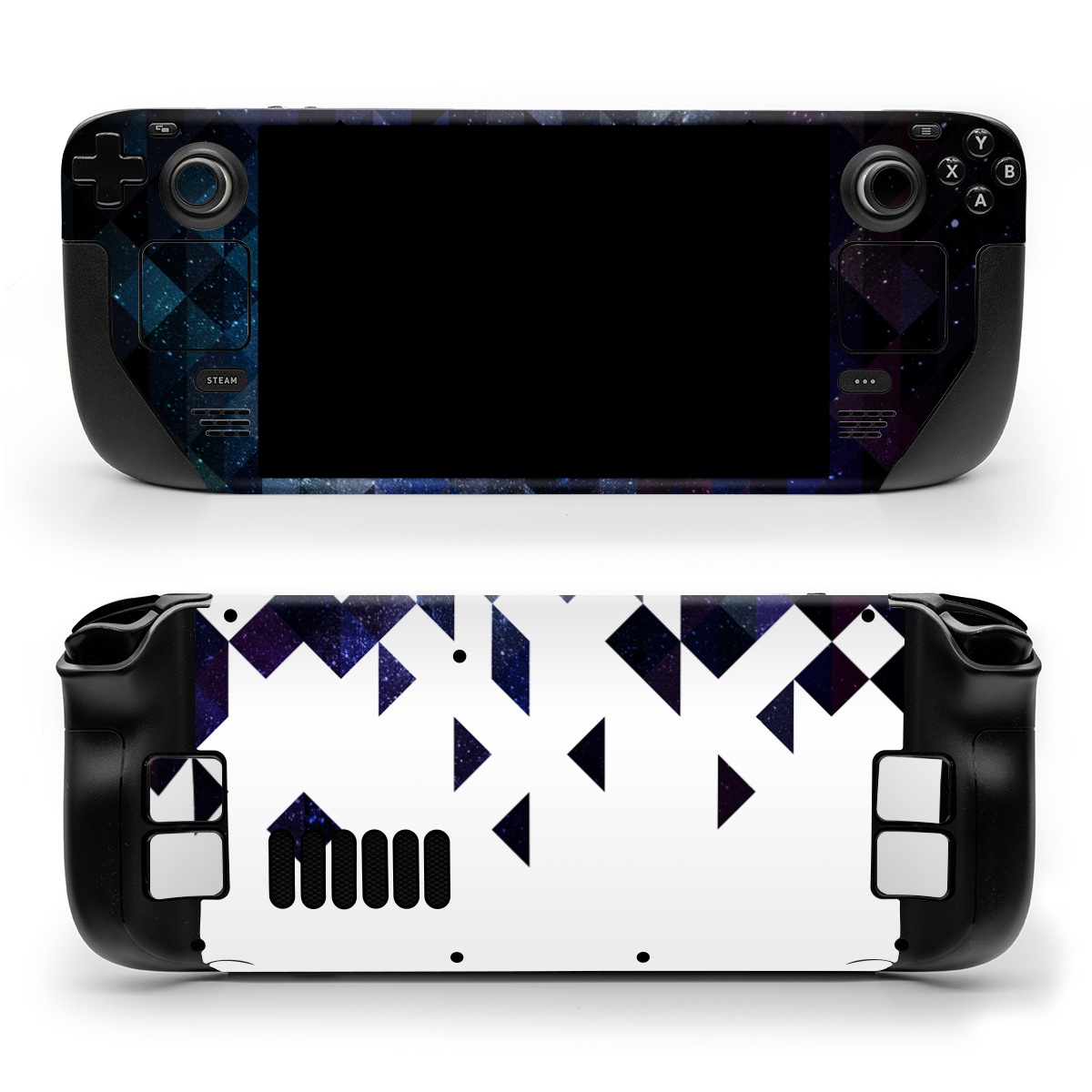 Valve Steam Deck Skin design of Text, Pattern, Graphic design, Font, Purple, Design, Line, Triangle, Logo, Graphics, with black, blue, white colors