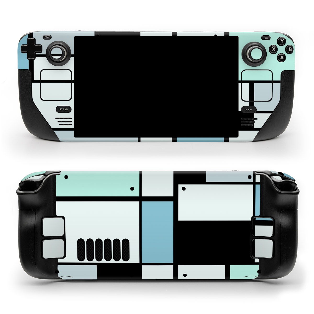 Valve Steam Deck Skin design of Blue, Line, Turquoise, Pattern, Rectangle, Design, Parallel, Square, Symmetry, Tints and shades, with black, blue, green colors