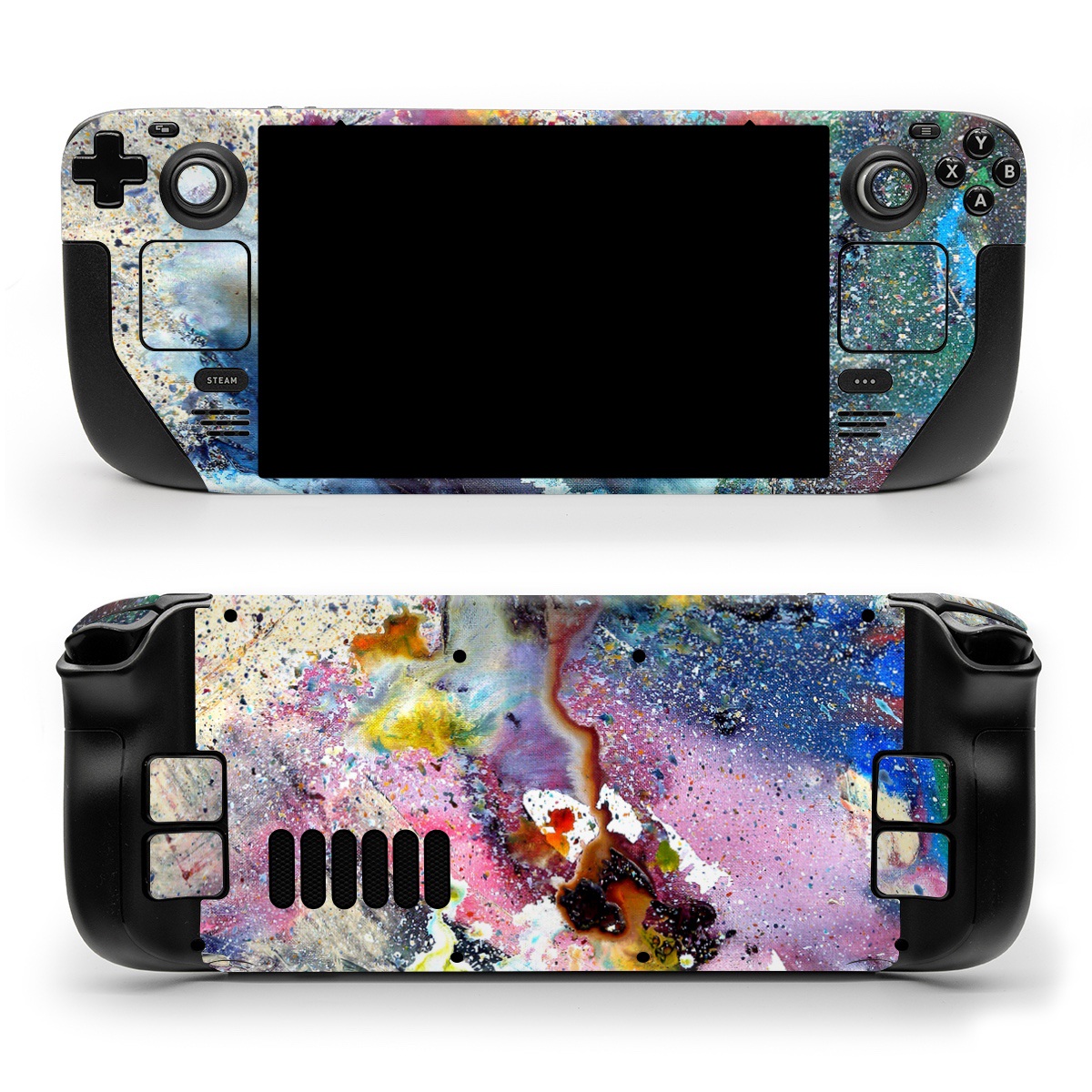 Valve Steam Deck Skin design of Watercolor paint, Painting, Acrylic paint, Art, Modern art, Paint, Visual arts, Space, Colorfulness, Illustration, with gray, black, blue, red, pink colors