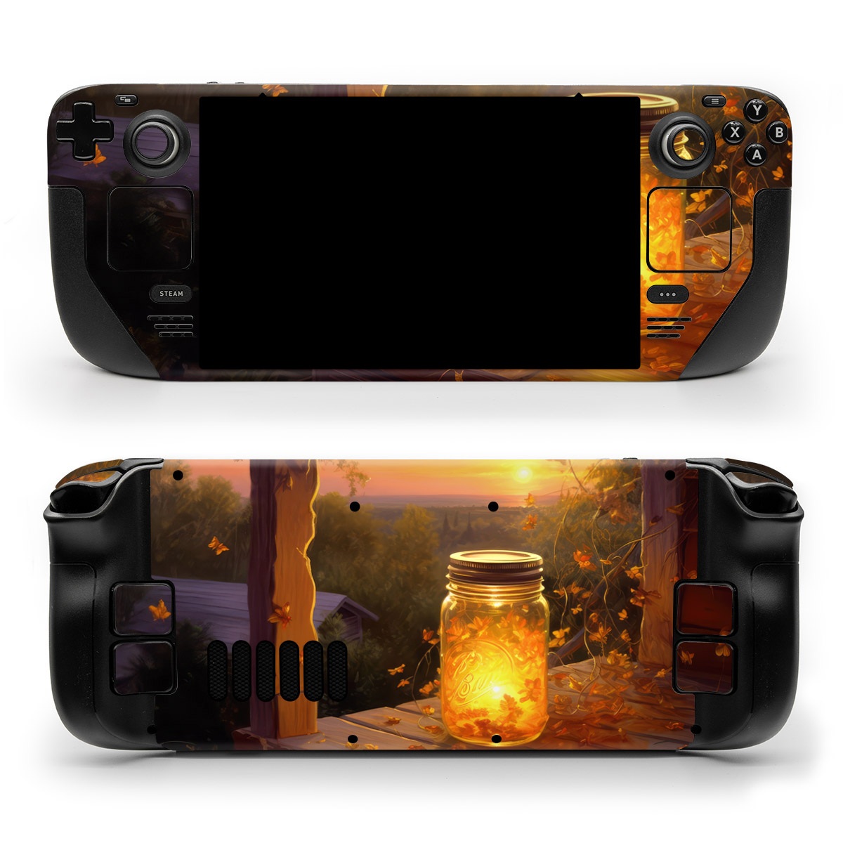 Valve Steam Deck Skin design of Sky, Plant, Amber, Candle, Wood, Orange, Sunlight, Cloud, Sunset, Heat, with yellow, orange, black, green, gray, red colors