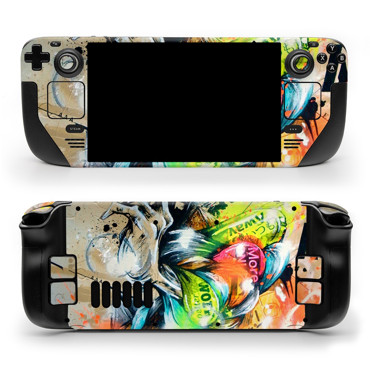 Valve Steam Deck Skin design of Graphic design, Art, Illustration, Fictional character, Visual arts, Graphics, Painting, Watercolor paint, Modern art, Games, with gray, black, green, red, orange, pink colors