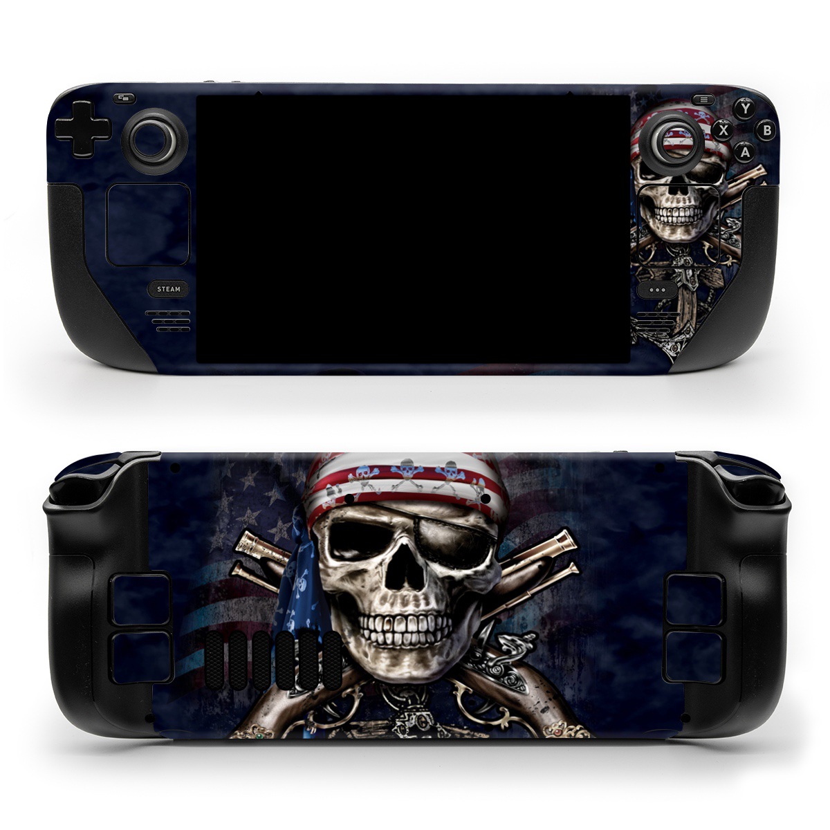 Valve Steam Deck Skin design of Skull, Bone, Skeleton, Illustration, Outerwear, T-shirt, Flag, Art, with black, gray, red colors