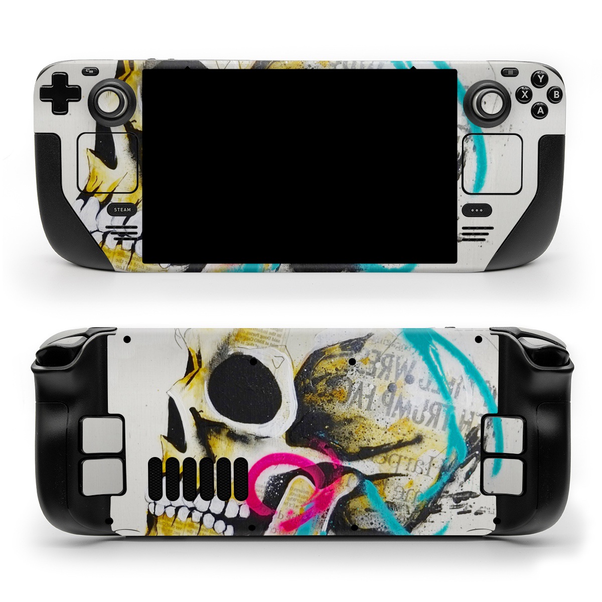 Valve Steam Deck Skin design of Graphic design, Skull, Illustration, Art, Bone, Drawing, Visual arts, Font, Modern art, Street art, with blue, pink, yellow, black colors