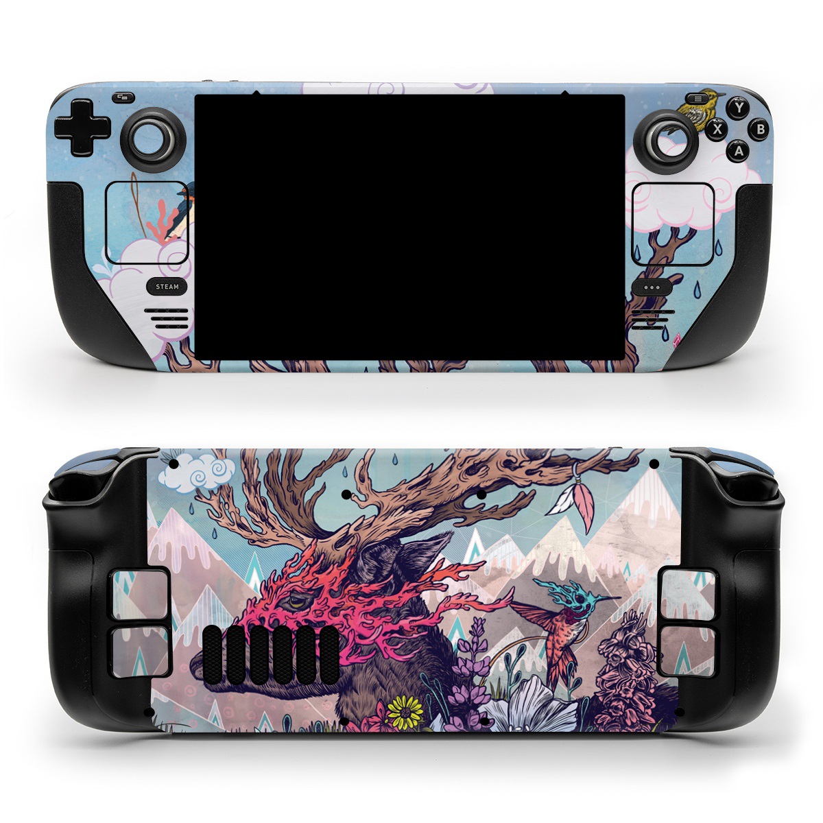 Valve Steam Deck Skin design of Illustration, Tree, Watercolor paint, Painting, Art, Plant, Acrylic paint, Fictional character, Flower, Blossom, with gray, black, red, purple, blue colors