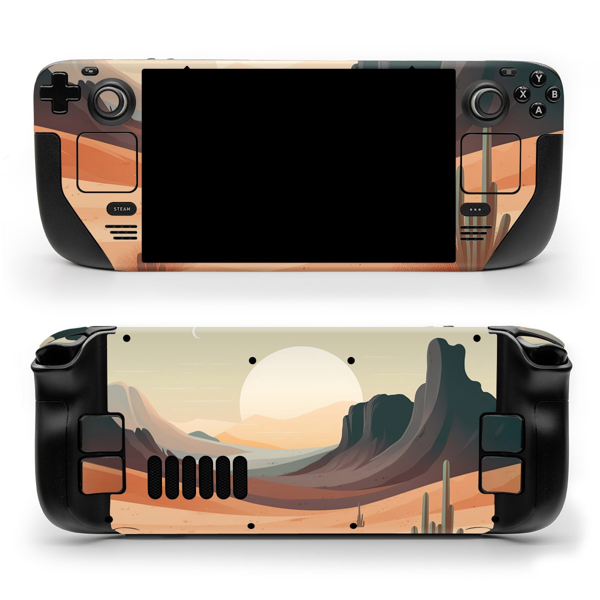 Valve Steam Deck Skin design of Sky, Light, Nature, Natural landscape, Art, Landscape, Moon, Mountainous landforms, Formation, Erg, with orange, yellow, brown, green, white, black colors