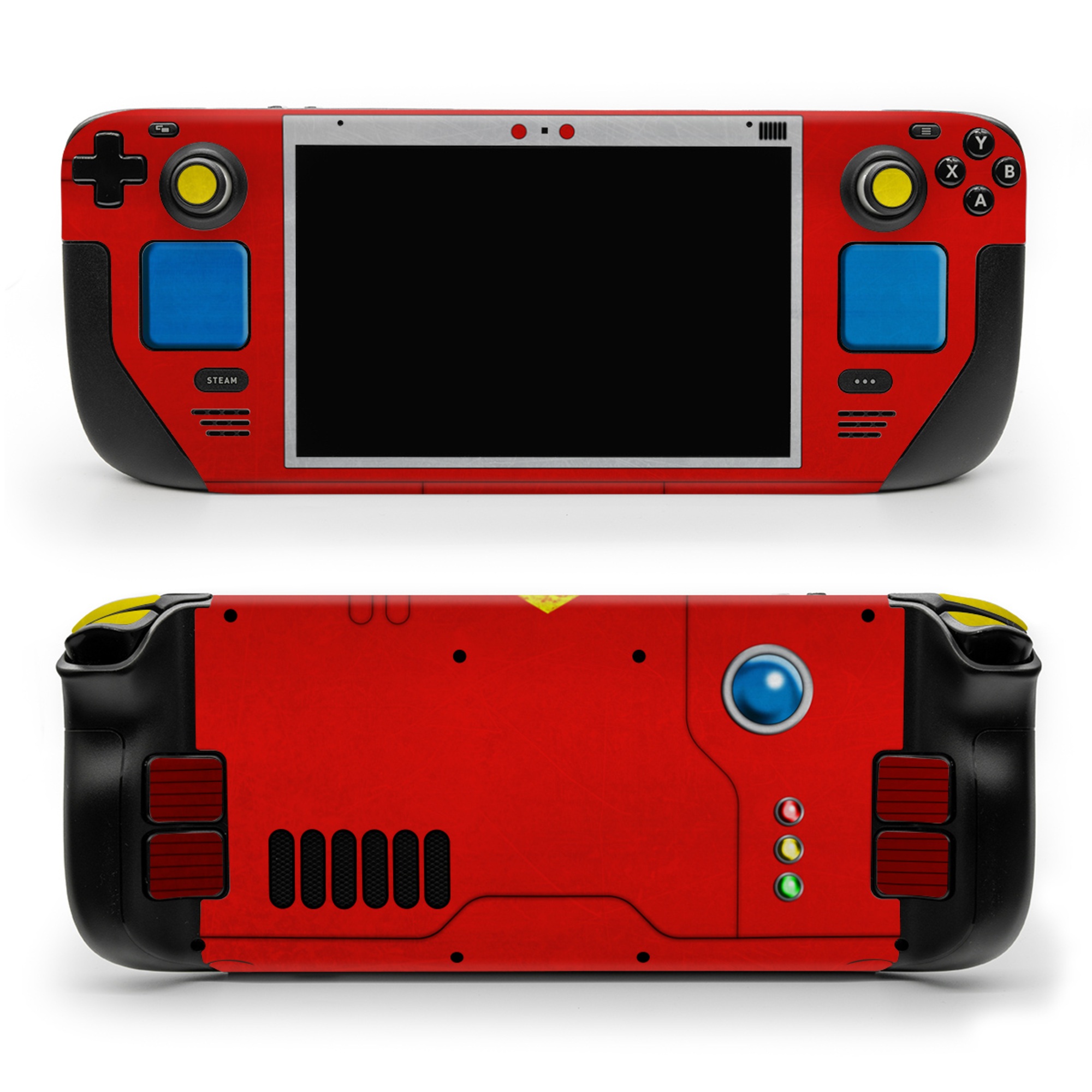 Valve Steam Deck Skin design, with red, blue, gray, yellow, green, black colors