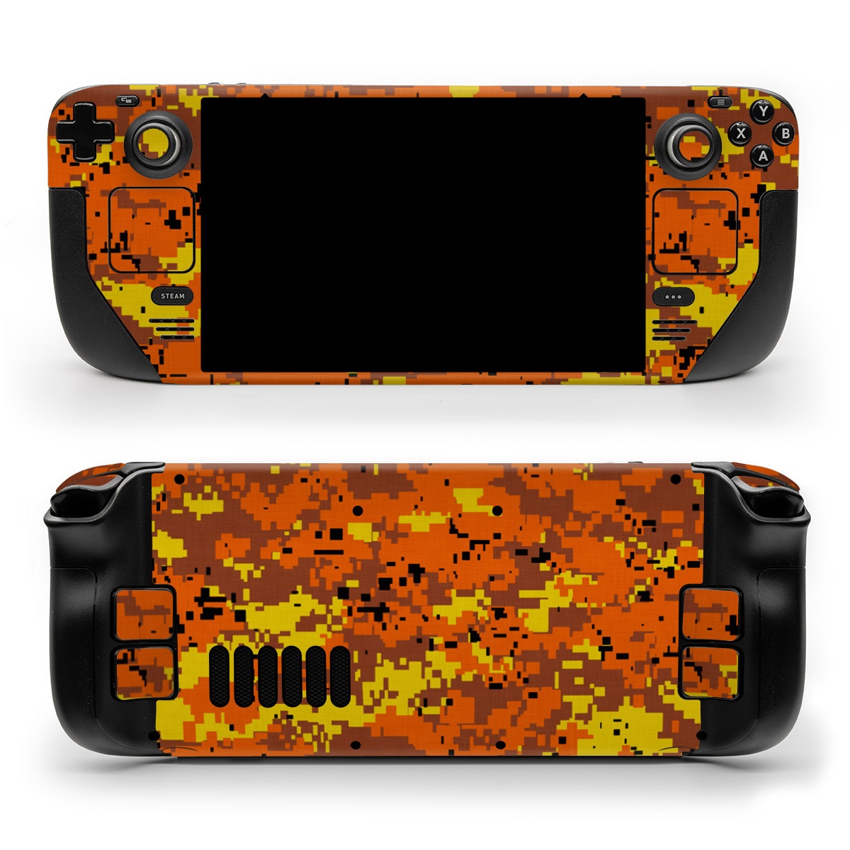 Valve Steam Deck Skin design of Orange, Yellow, Leaf, Tree, Pattern, Autumn, Plant, Deciduous, with red, green, black colors