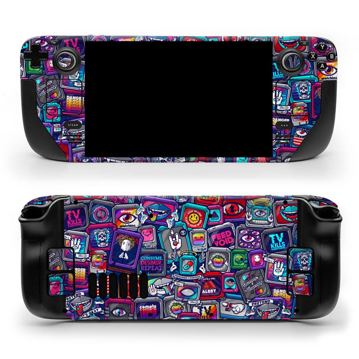Valve Steam Deck Skin design of Pattern, Font, Art, Visual arts, Collection, with red, blue, black, gray, purple, yellow, white, green colors