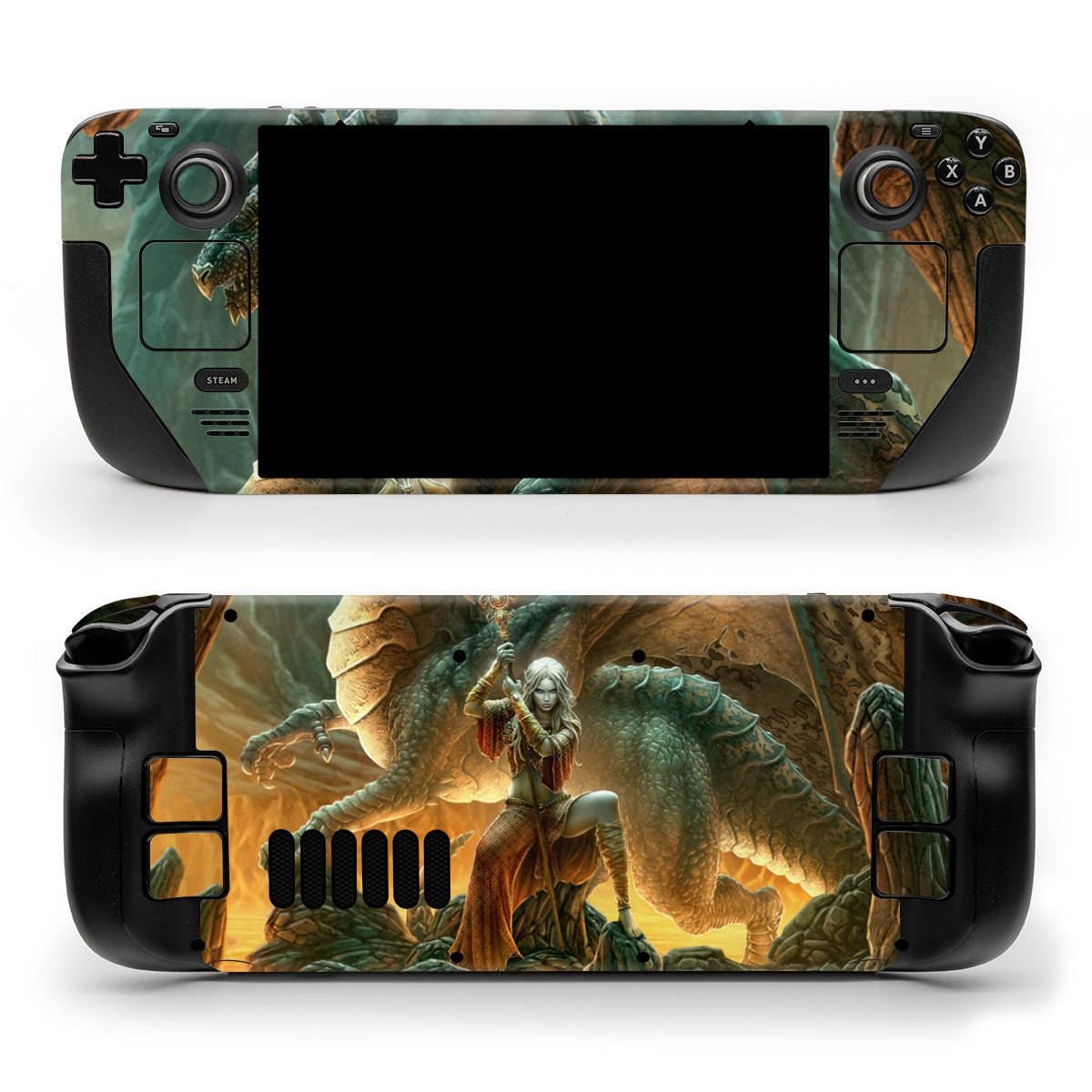 Valve Steam Deck Skin design of Dragon, Cg artwork, Mythology, Fictional character, Mythical creature, Art, Illustration, Cryptid, Sculpture, Demon, with black, green, red, gray, blue colors